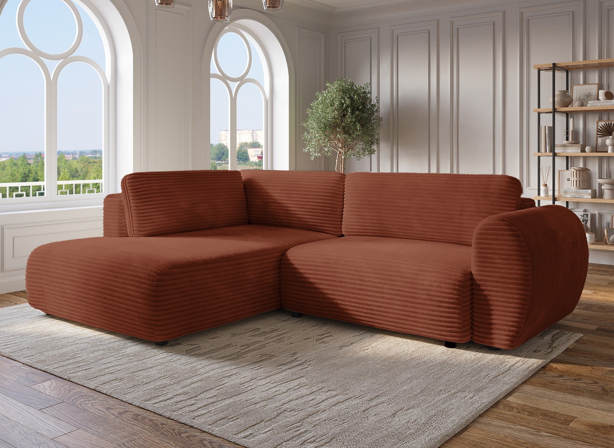 Divano angolare trasformabile con chaise longue e cassapanca in terracotta a coste grandi TILDA - Angolo sinistro