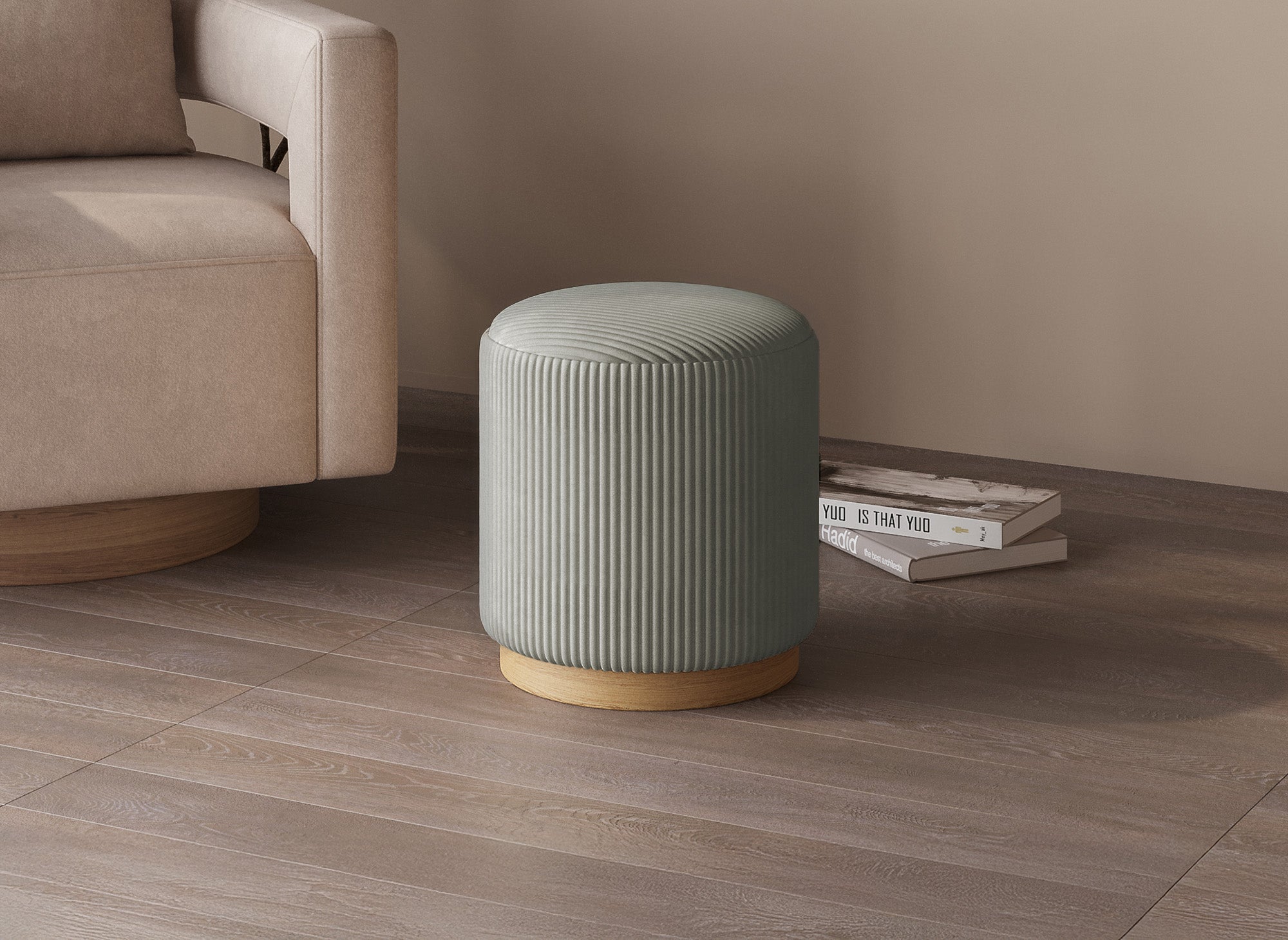 Pouf design en velours côtelé gris et pied en bois NAORA