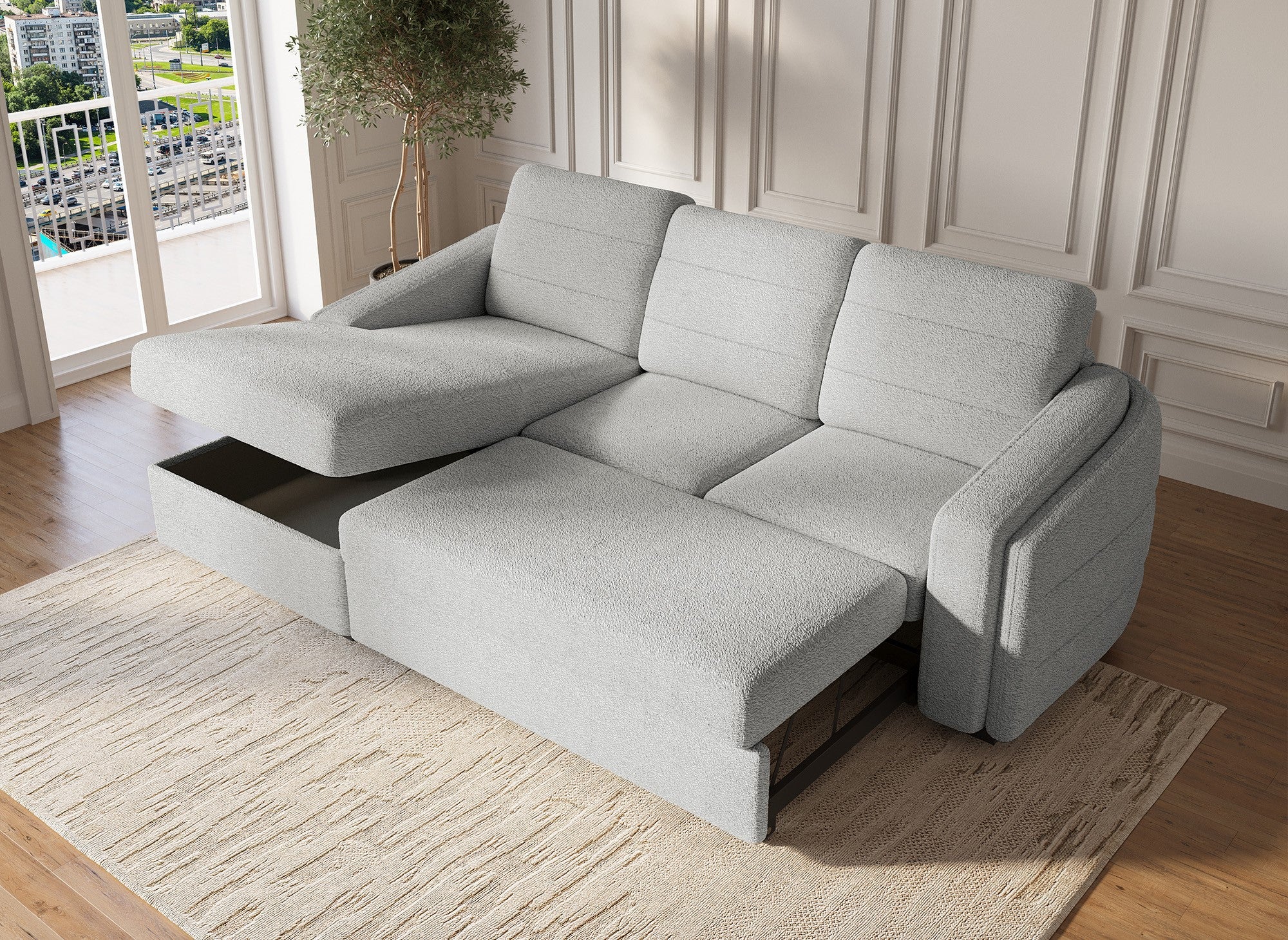 Canapé d'angle convertible avec coffre en tissu bouclette gris clair CALANDRA - Angle gauche