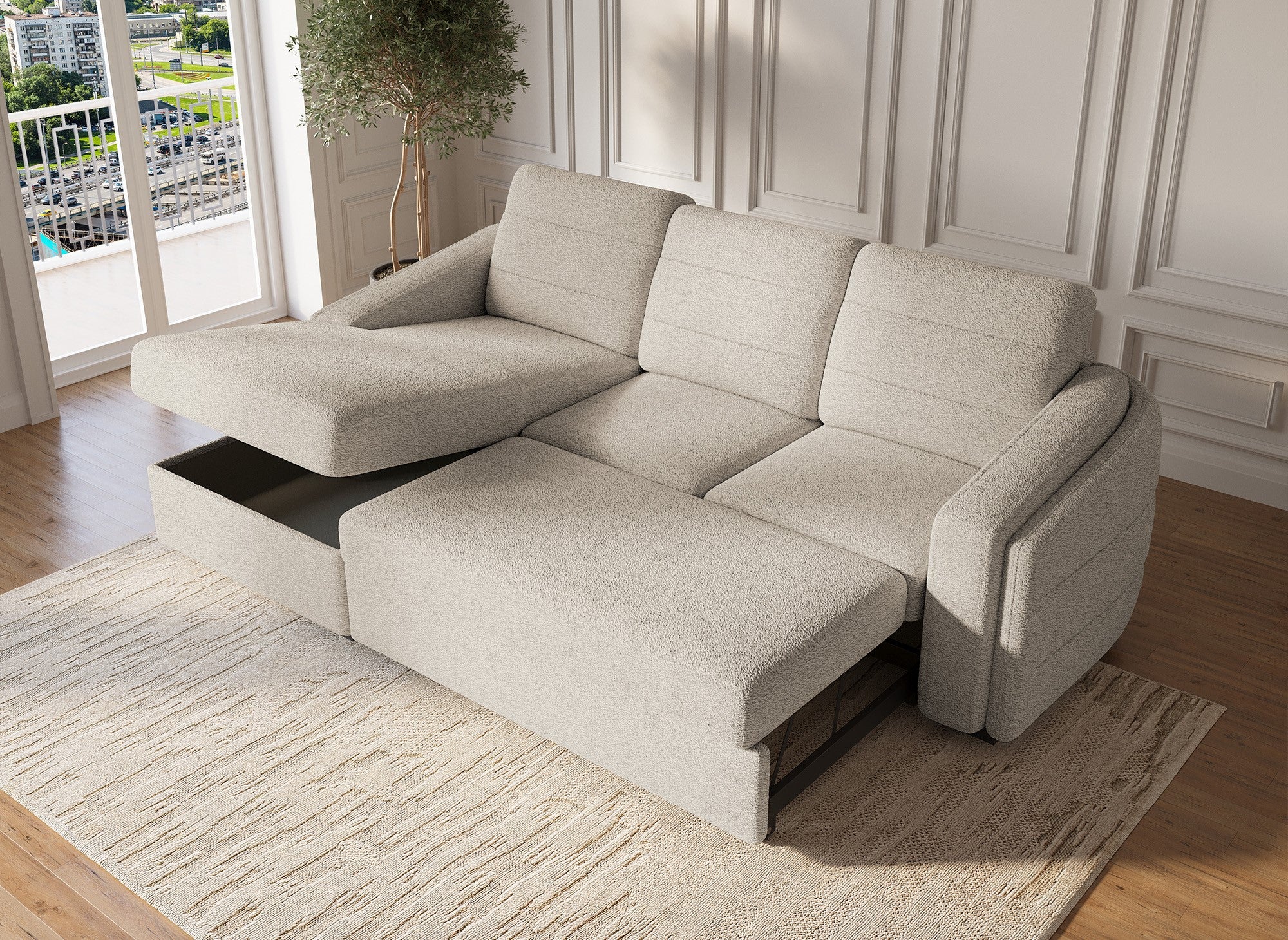 Canapé d'angle convertible avec coffre en tissu bouclette beige CALANDRA - Angle gauche