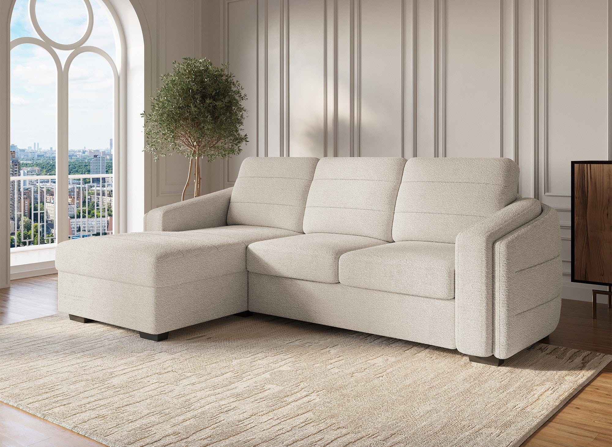 Canapé d'angle convertible avec coffre en tissu bouclette beige CALANDRA - Angle gauche