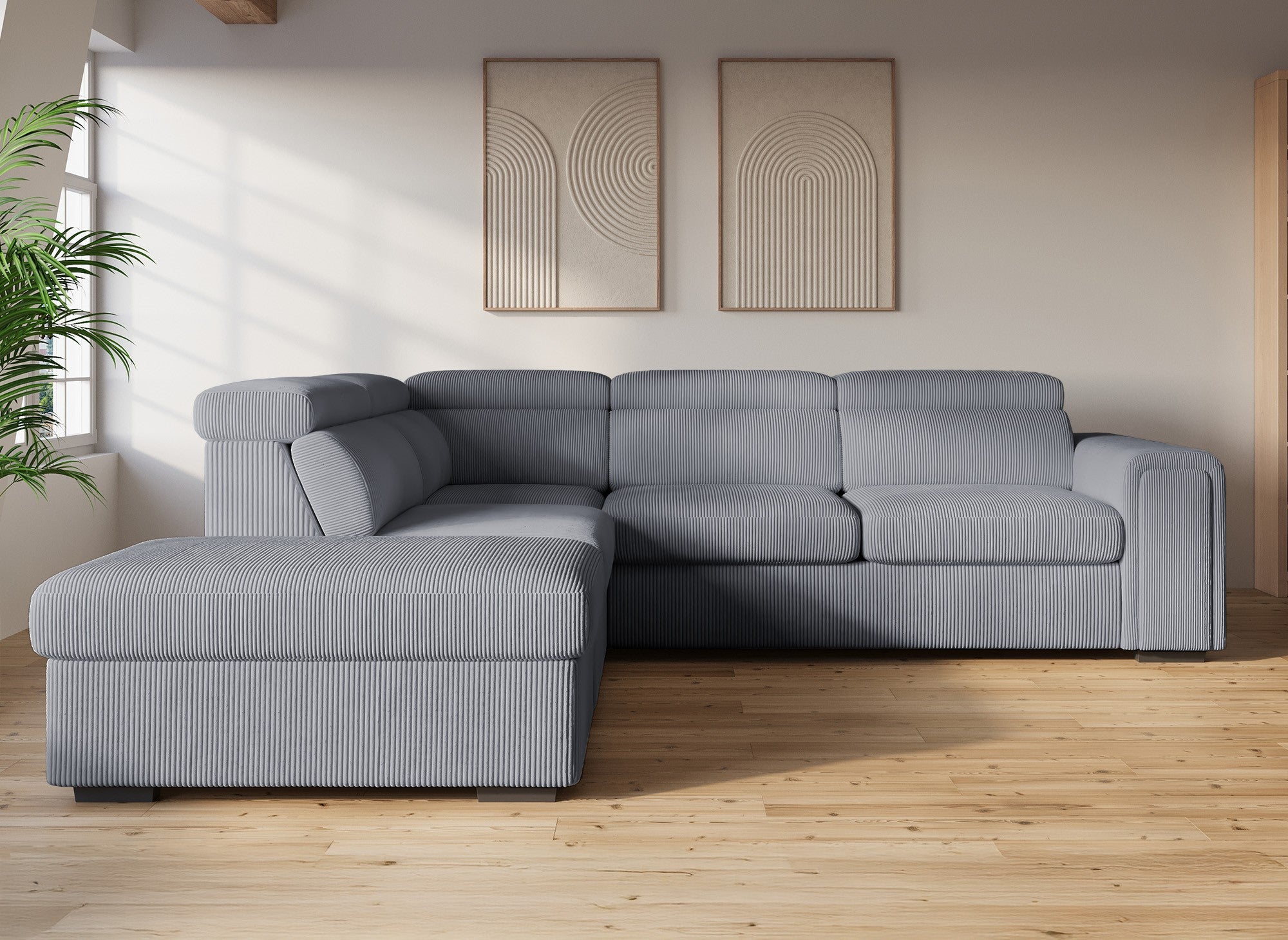 Canapé d'angle convertible avec coffre en velours côtelé épais gris ZENOVA - Angle gauche