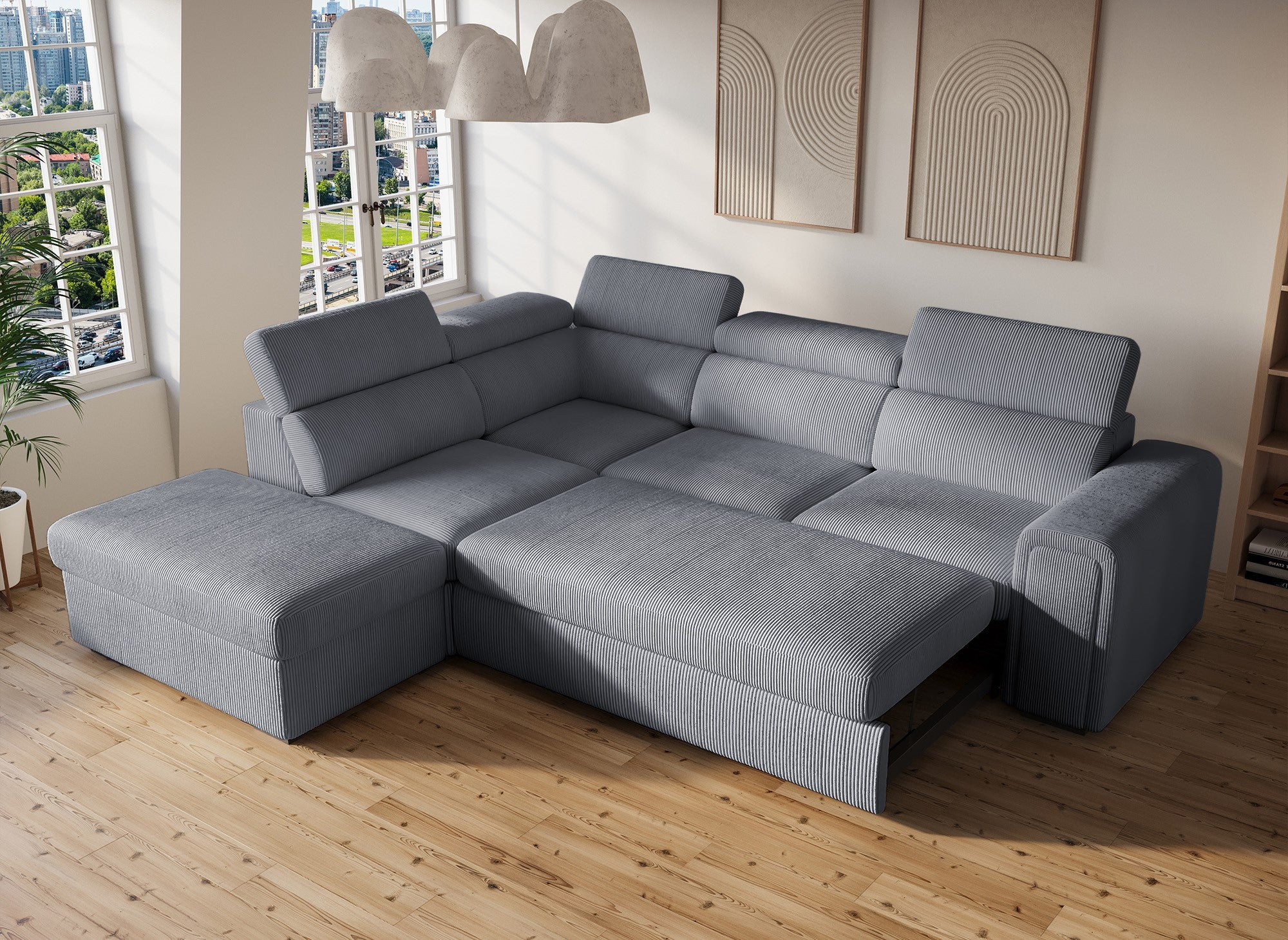 Canapé d'angle convertible avec coffre en velours côtelé épais gris ZENOVA - Angle gauche