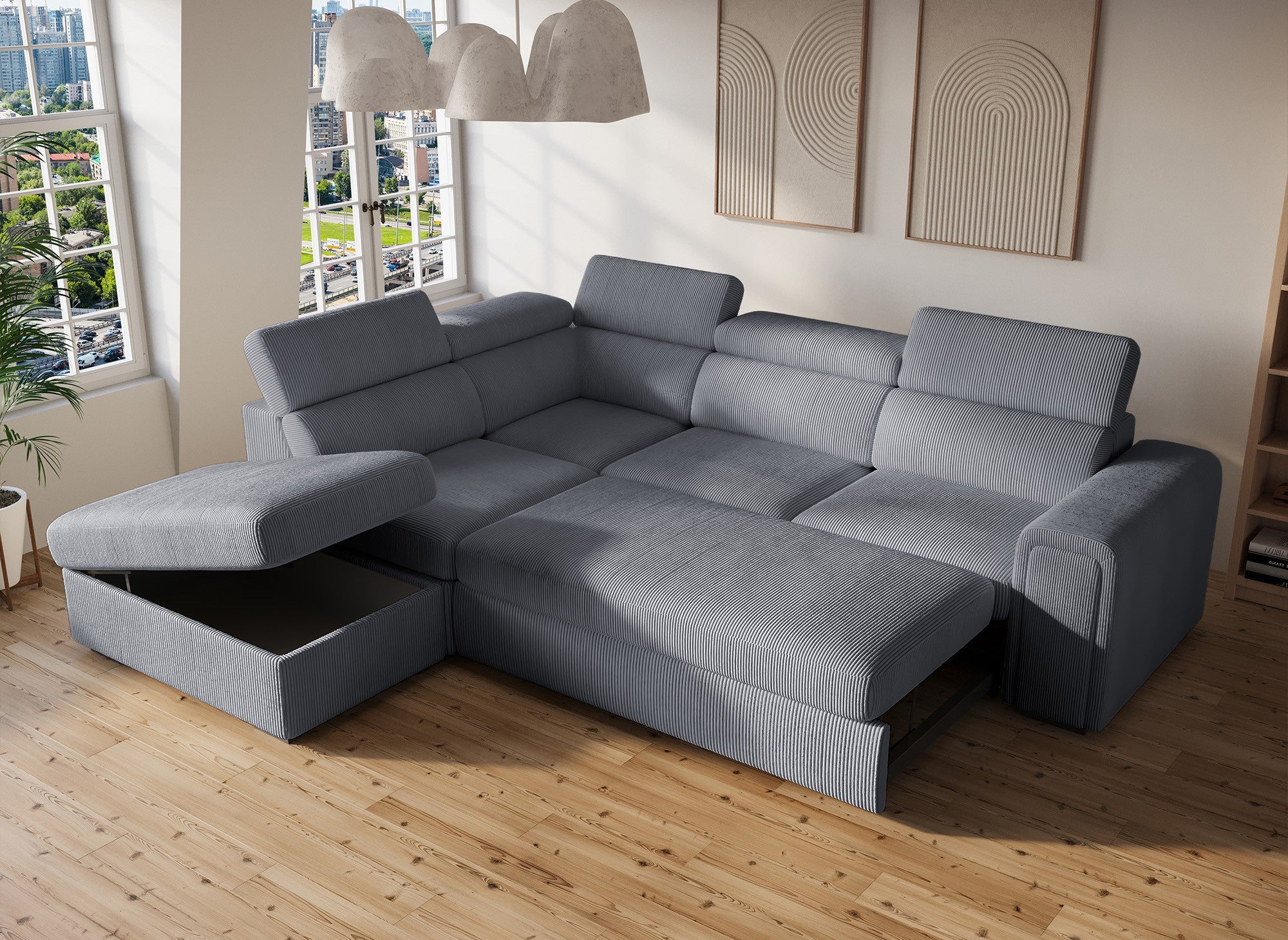 Canapé d'angle convertible avec coffre en velours côtelé épais gris ZENOVA - Angle gauche