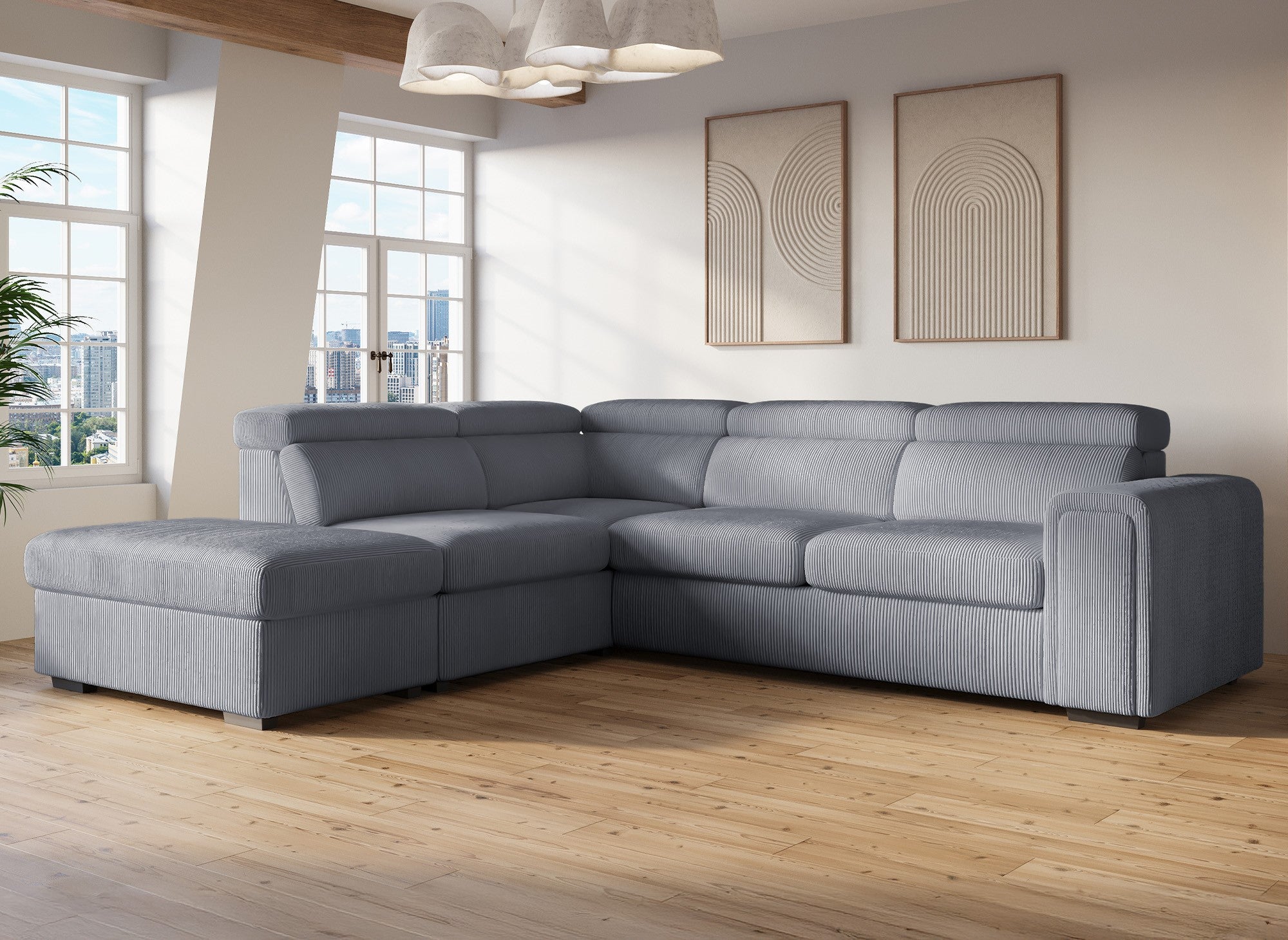 Canapé d'angle convertible avec coffre en velours côtelé épais gris ZENOVA - Angle gauche