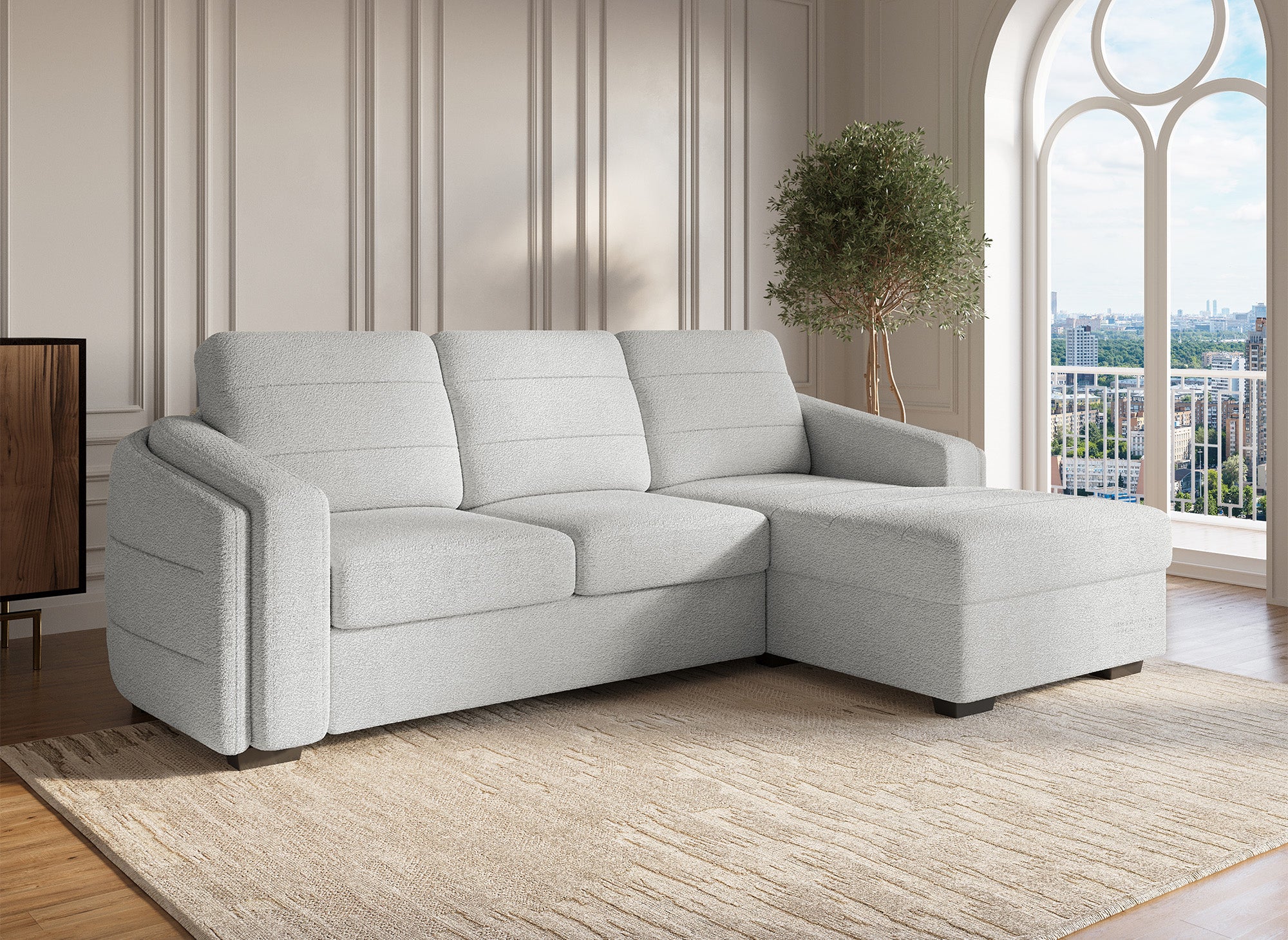 Canapé d'angle convertible avec coffre en tissu bouclette gris clair CALANDRA - Angle droit