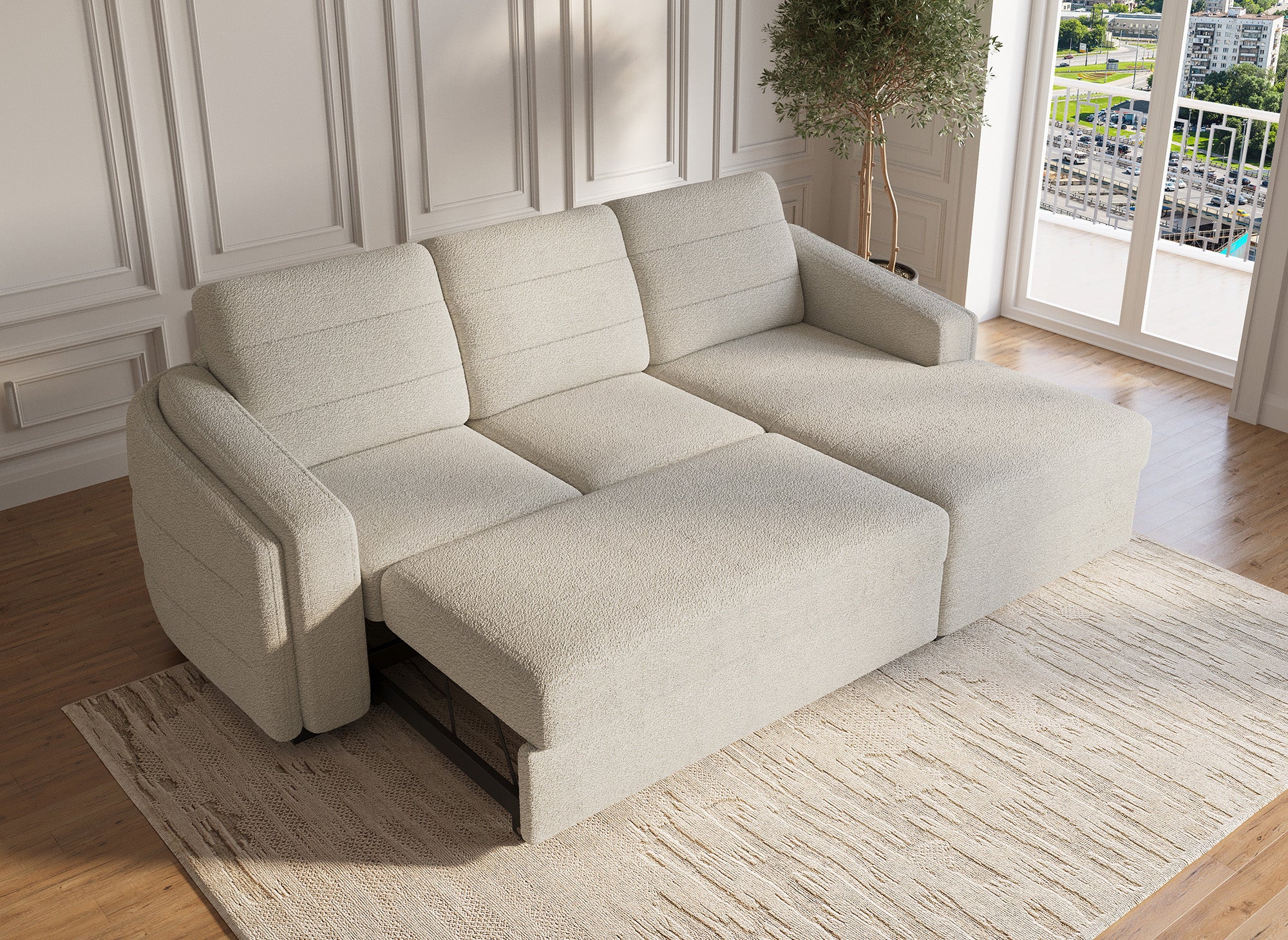 Canapé d'angle convertible avec coffre en tissu bouclette beige CALANDRA - Angle droit