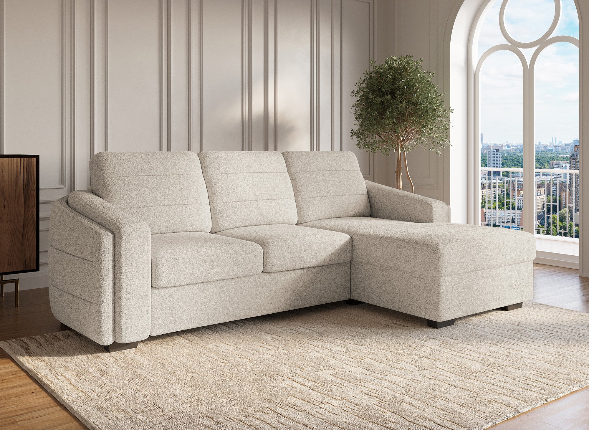 Canapé d'angle convertible avec coffre en tissu bouclette beige CALANDRA - Angle droit