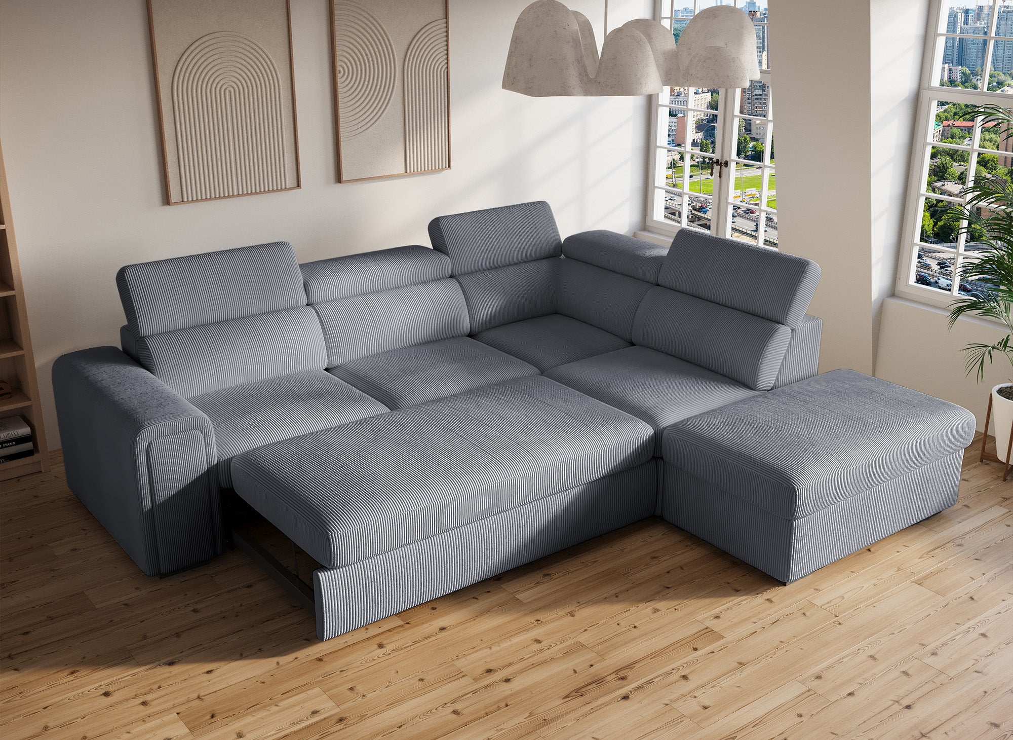 Canapé d'angle convertible avec coffre en velours côtelé épais gris ZENOVA - Angle droit