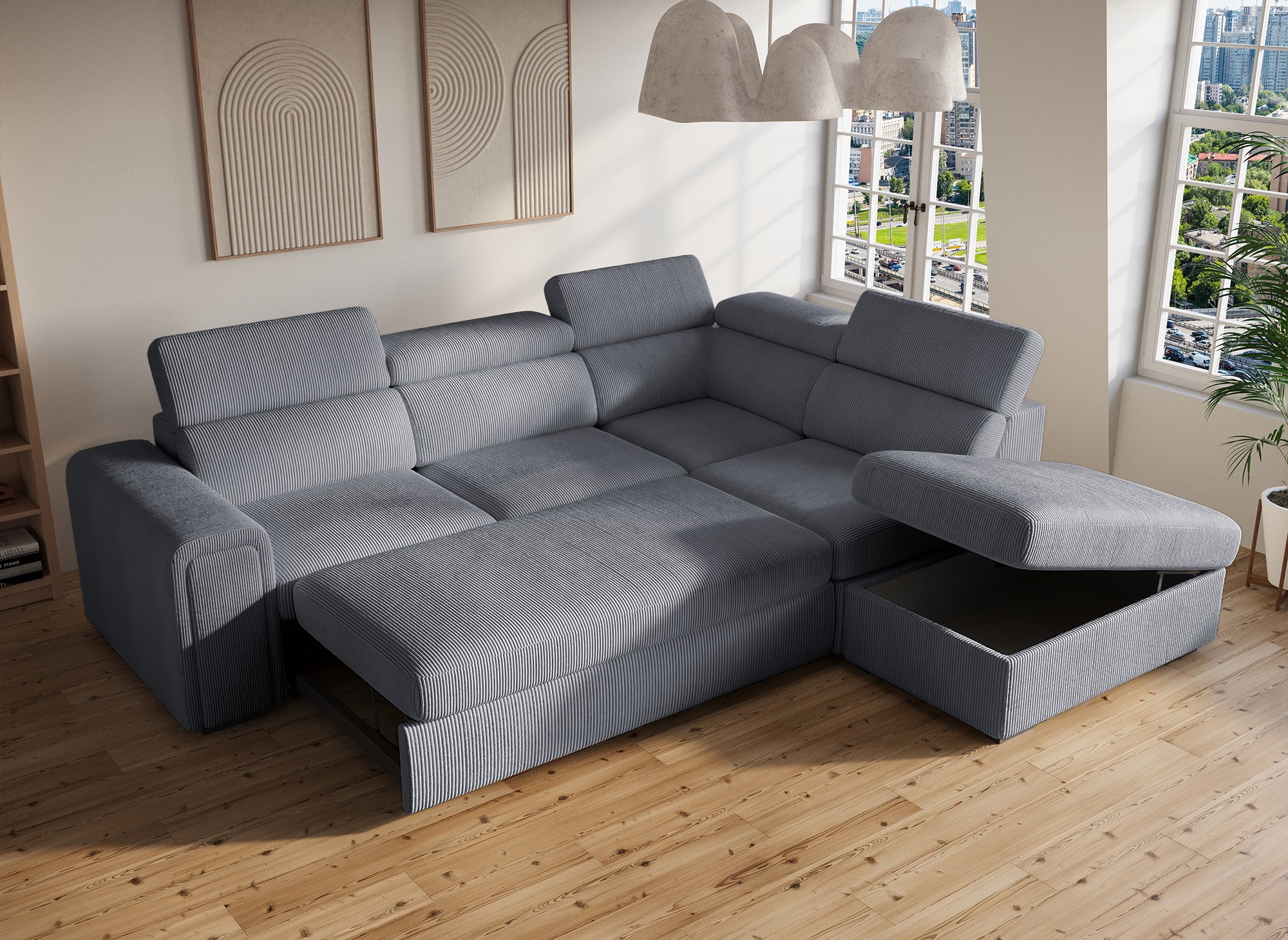 Canapé d'angle convertible avec coffre en velours côtelé épais gris ZENOVA - Angle droit