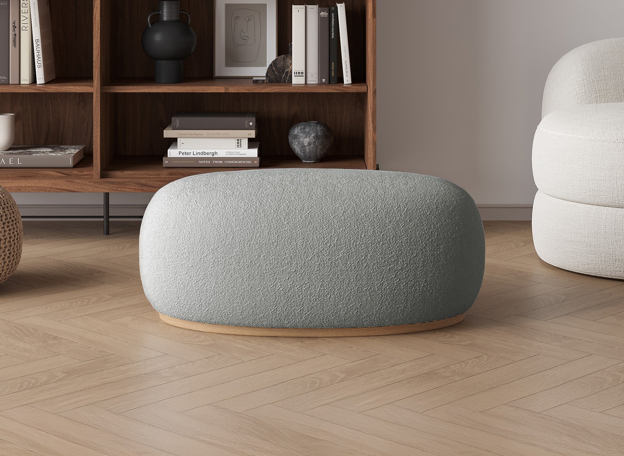 Pouf ovale en tissu effet peau de mouton gris et bois CALY
