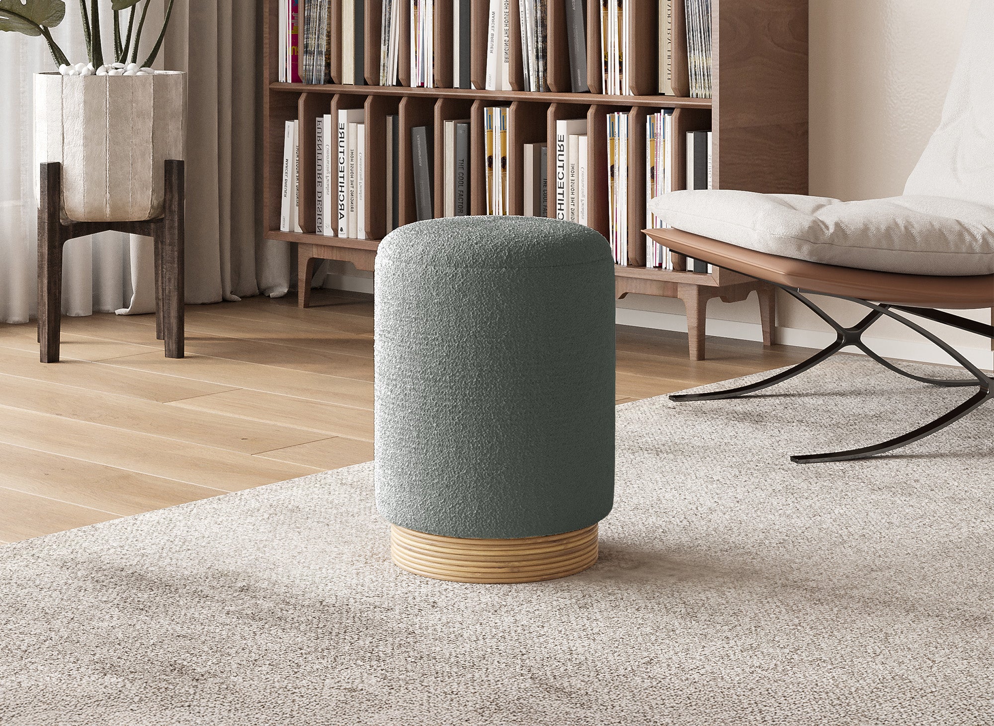 Pouf en tissu effet peau de mouton gris et bois TANY