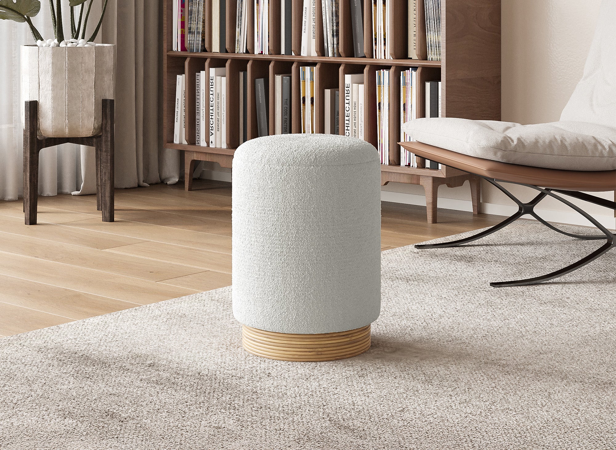 Pouf en tissu effet peau de mouton blanc écru et bois TANY