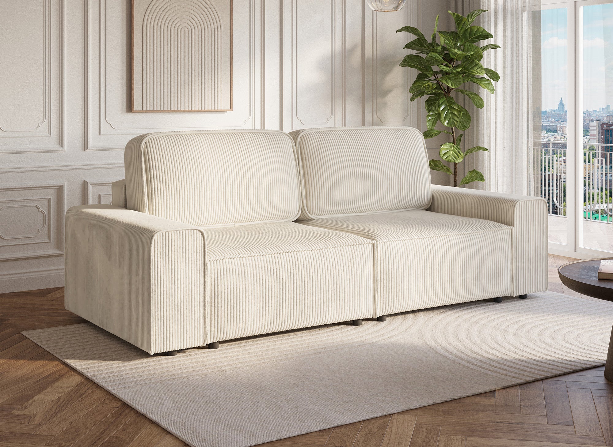 Canapé 3 places convertible avec coffre en velours côtelé épais beige DONA