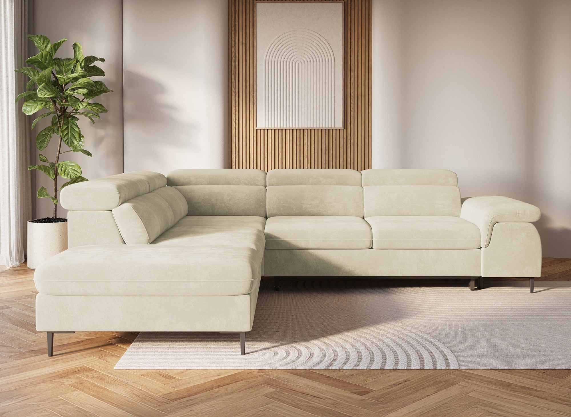 Divano angolare trasformabile con box contenitore in velluto beige SWAN - Angolo sinistro