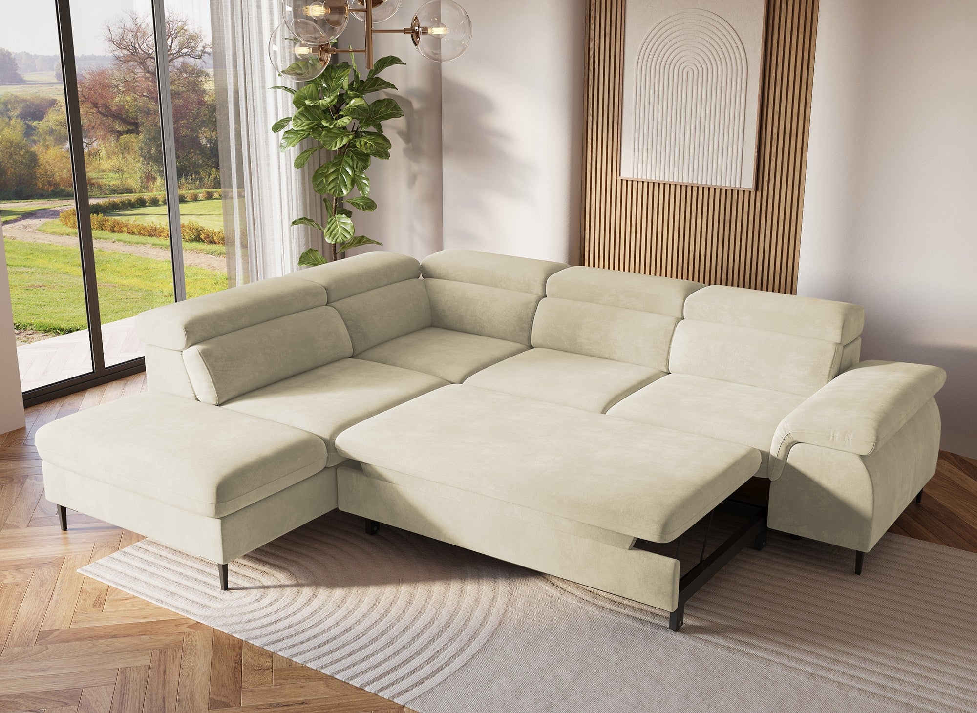 Divano angolare trasformabile con box contenitore in velluto beige SWAN - Angolo sinistro