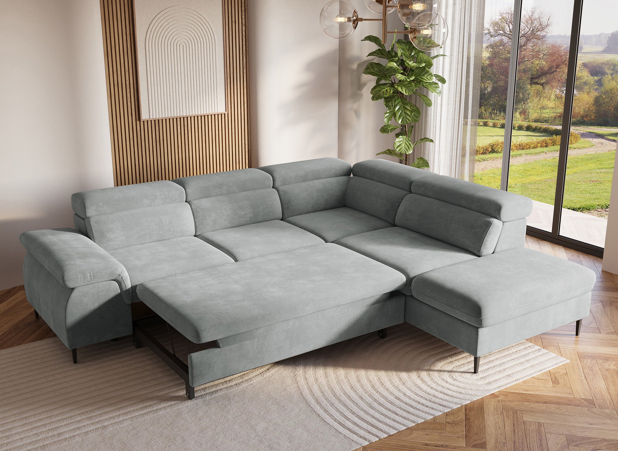 Canapé d'angle convertible avec coffre de rangement en velours gris SWAN - Angle droit