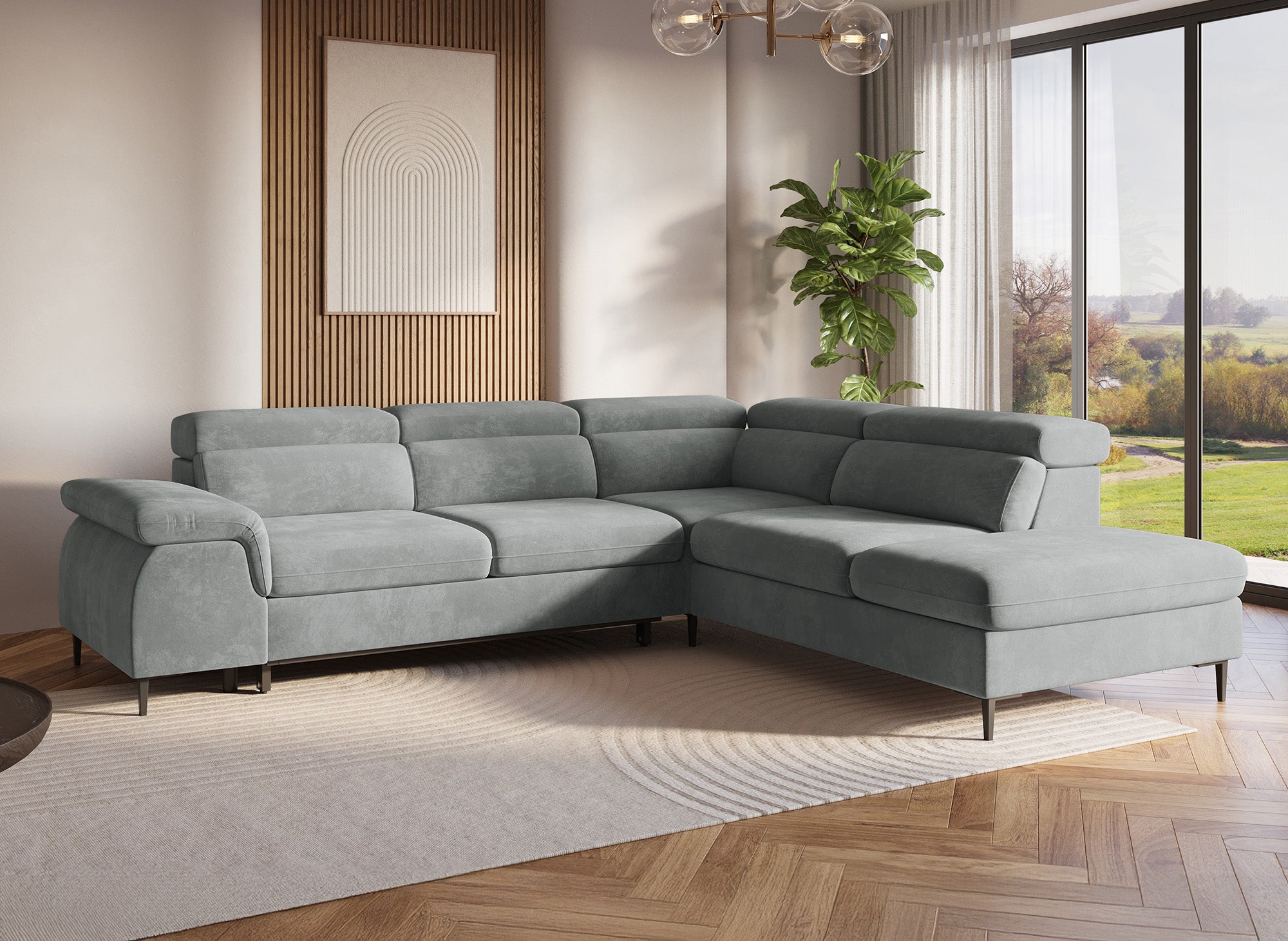 Canapé d'angle convertible avec coffre de rangement en velours gris SWAN - Angle droit