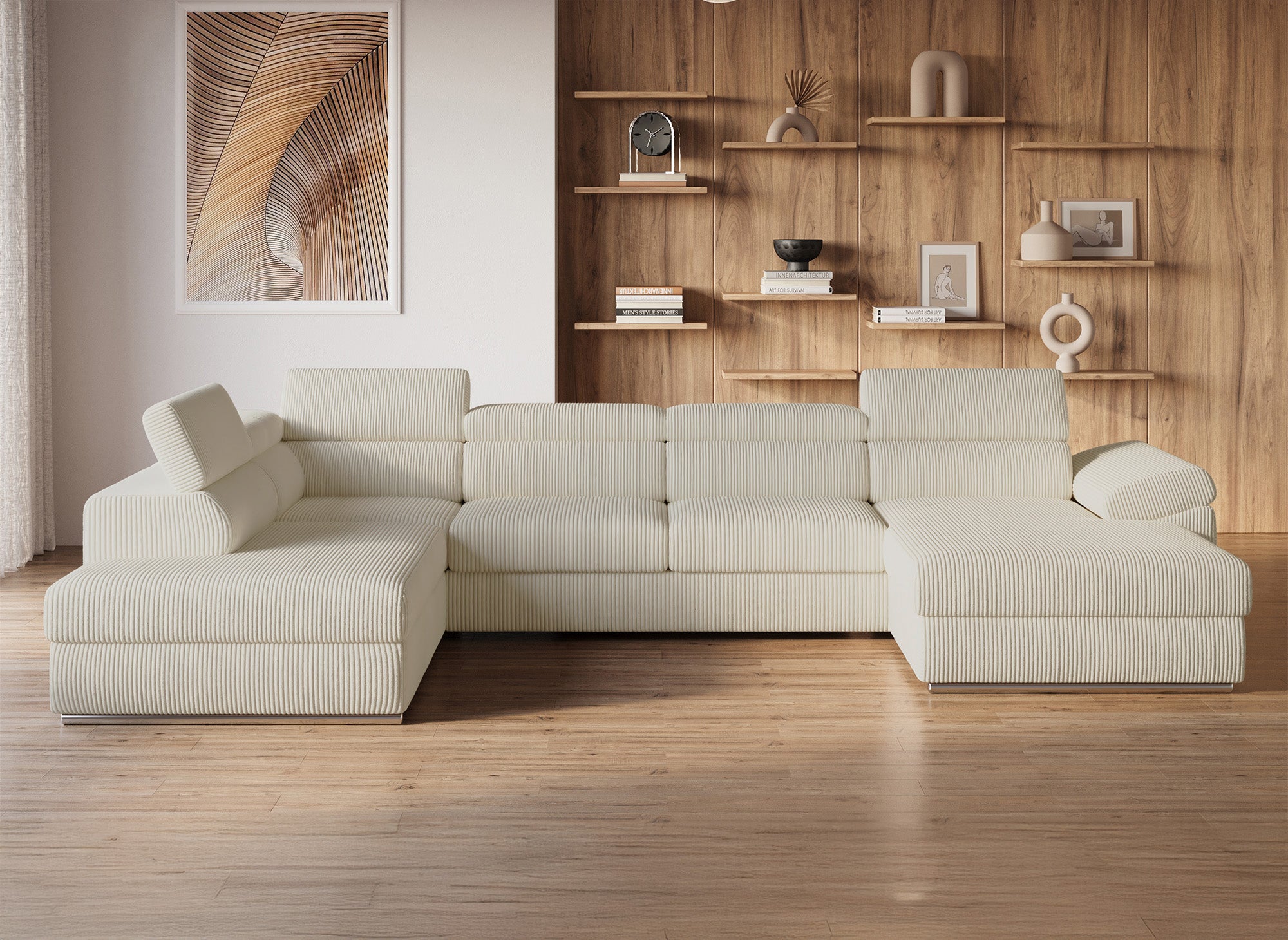 Canapé panoramique convertible avec coffre en velours côtelé épais beige MARIANO- Angle droit