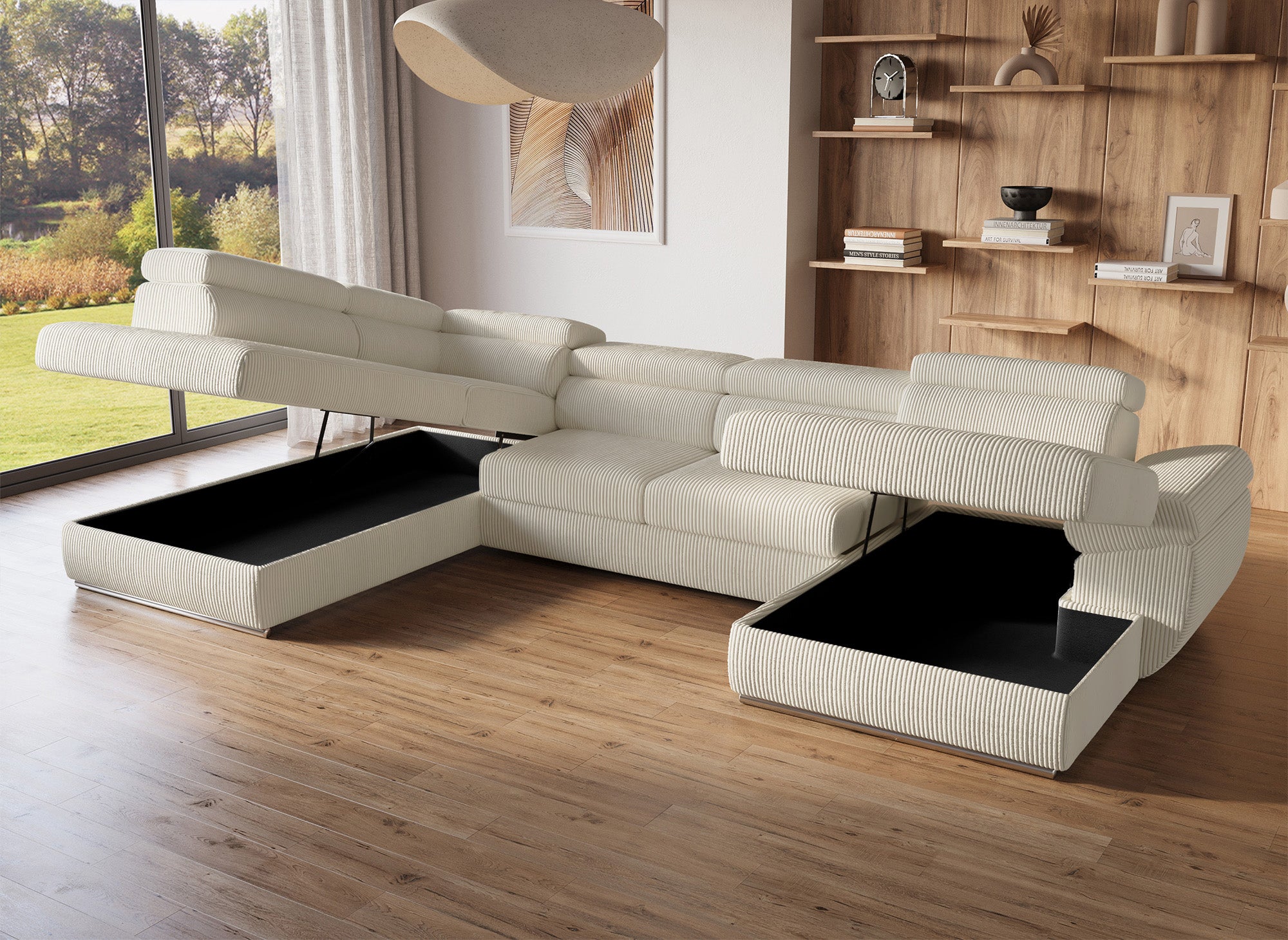 Canapé panoramique convertible avec coffre en velours côtelé épais beige MARIANO- Angle droit