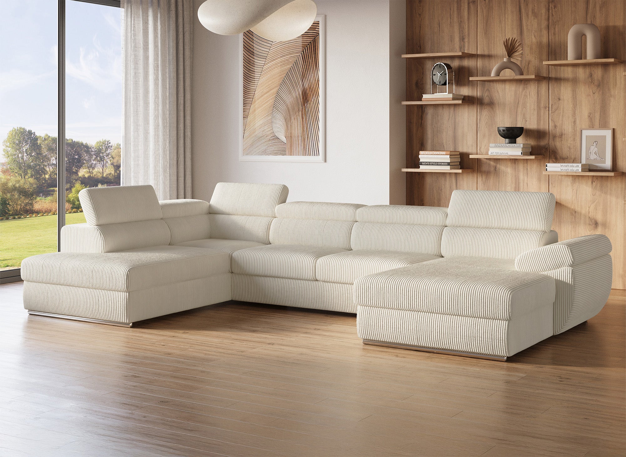 Canapé panoramique convertible avec coffre en velours côtelé épais beige MARIANO- Angle droit