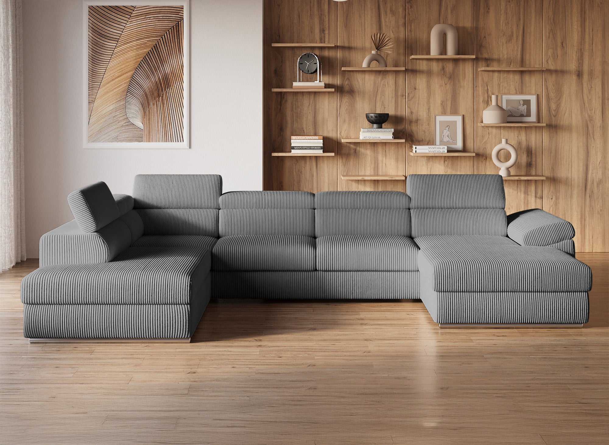 Canapé panoramique convertible avec coffre en velours côtelé épais gris MARIANO- Angle droit