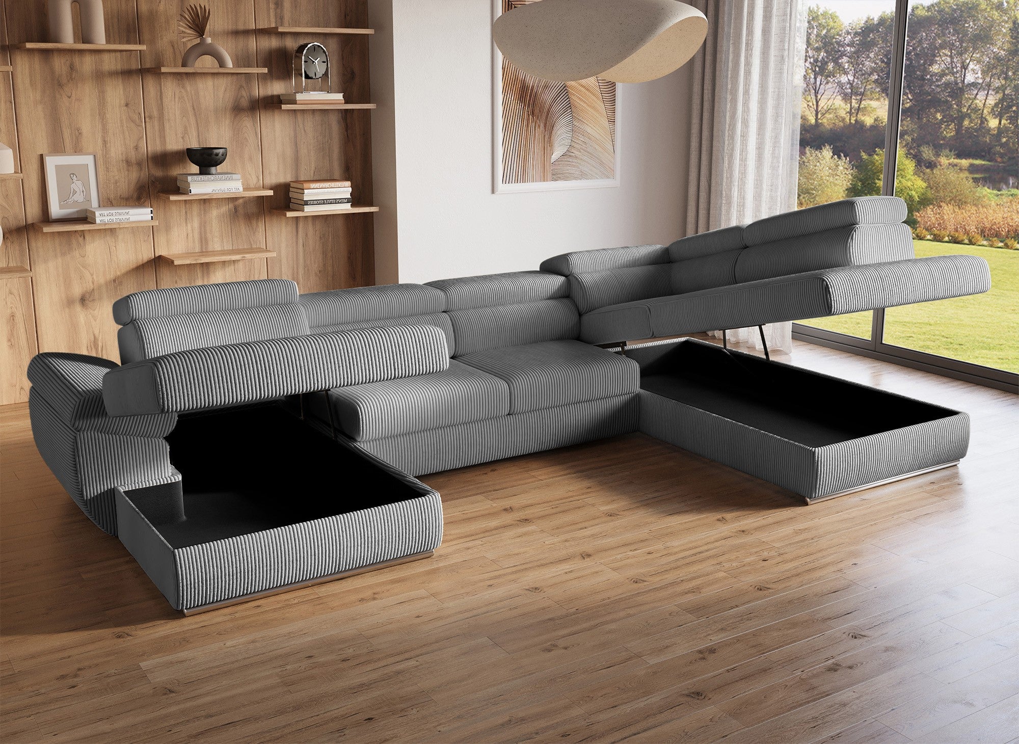 Divano panoramico trasformabile con cassapanca in velluto a coste spesso grigio MARIANO - Angolo sinistro
