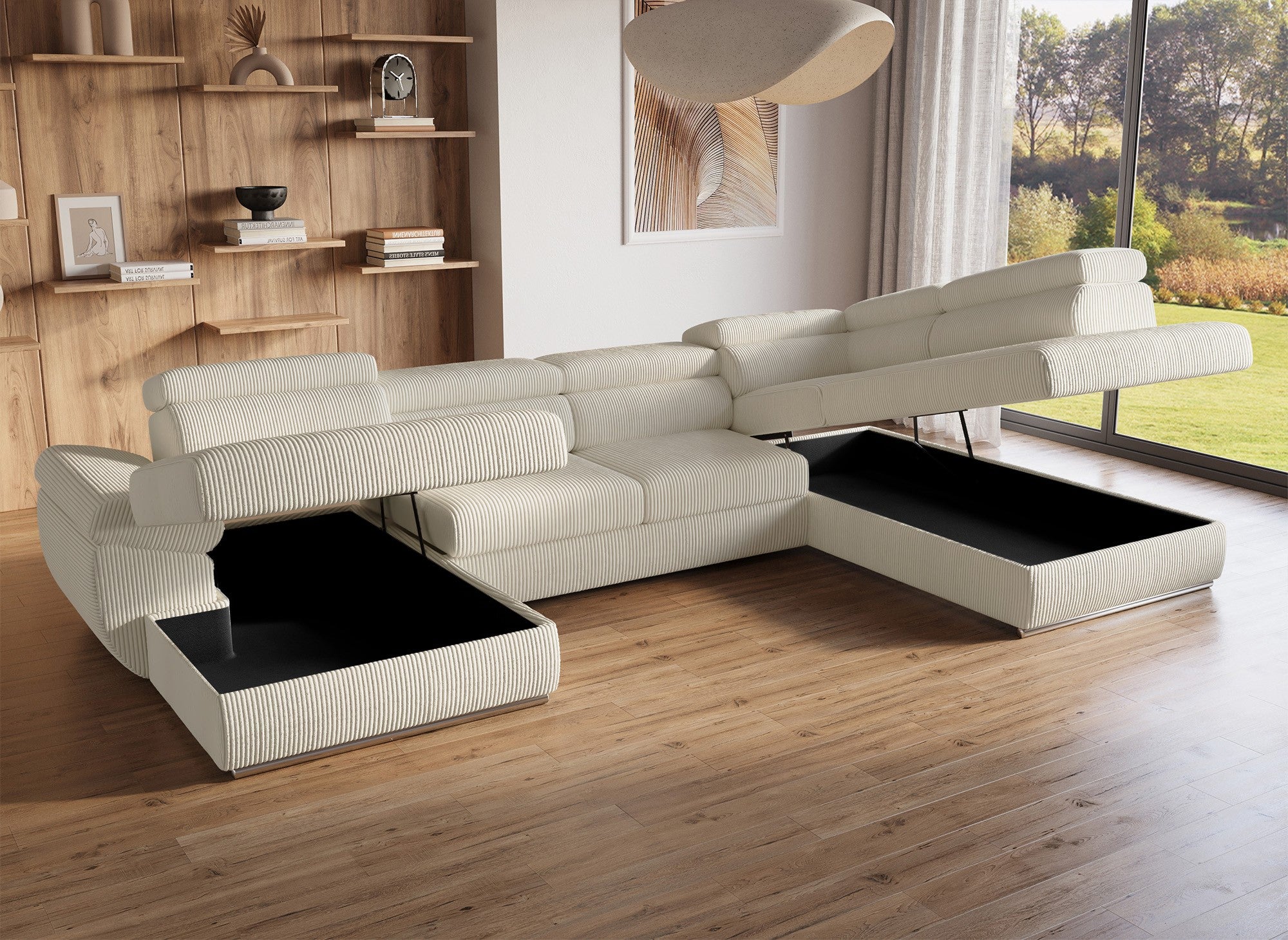 Canapé panoramique convertible avec coffre en velours côtelé épais beige MARIANO- Angle gauche