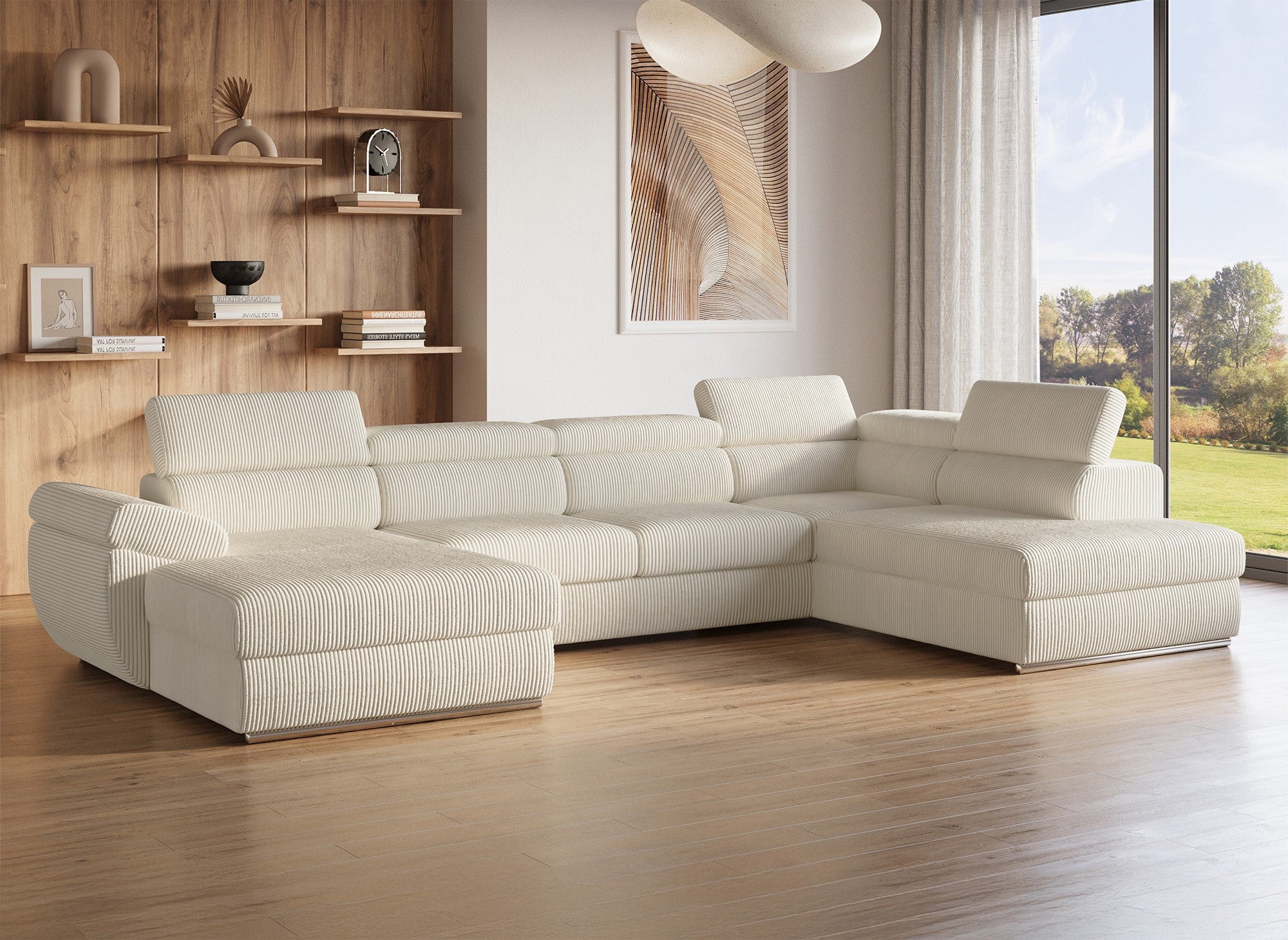 Canapé panoramique convertible avec coffre en velours côtelé épais beige MARIANO- Angle gauche