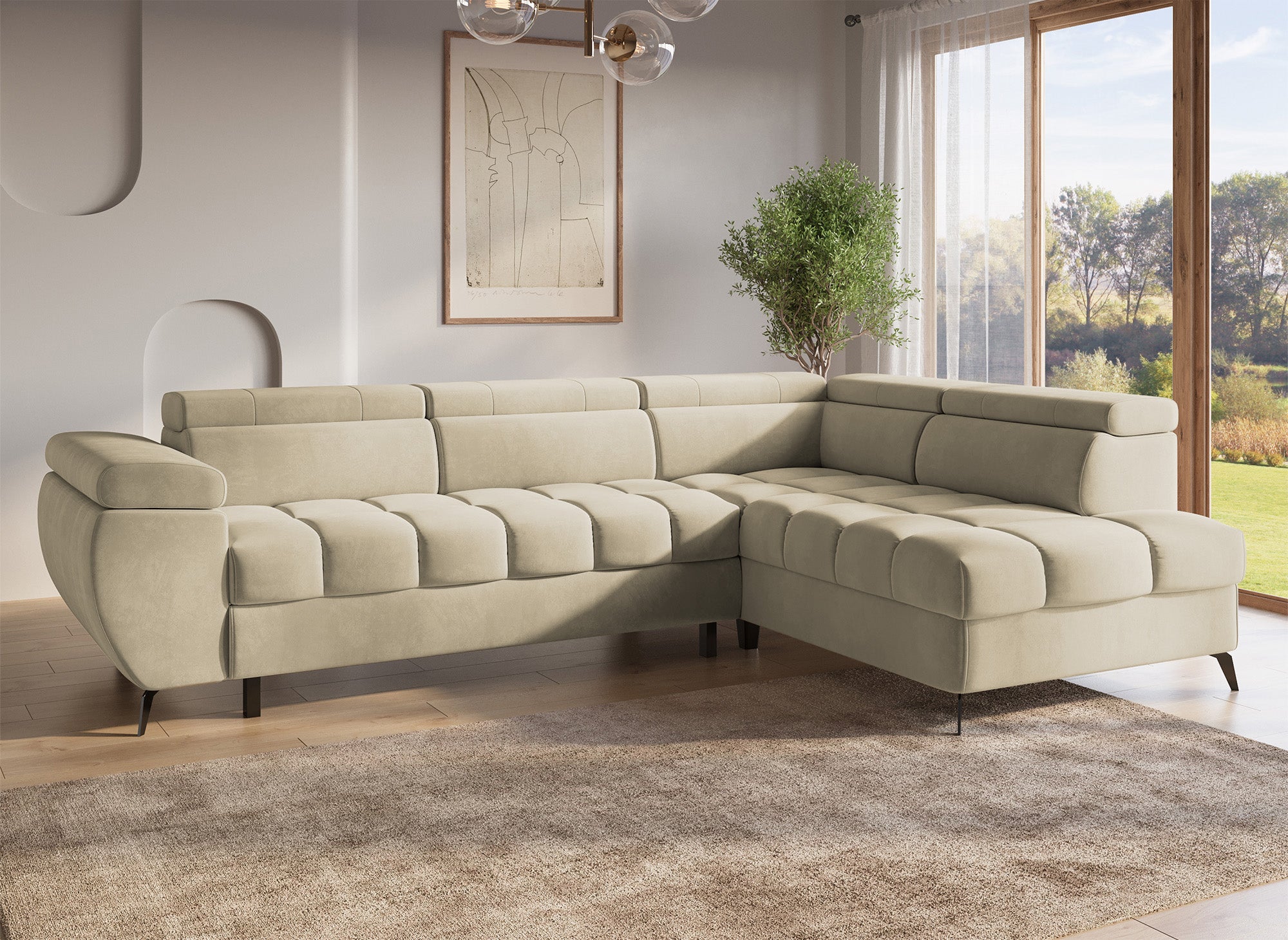 Canapé d'angle convertible matelassé avec coffre en velours beige LUCIANO - Angle droit