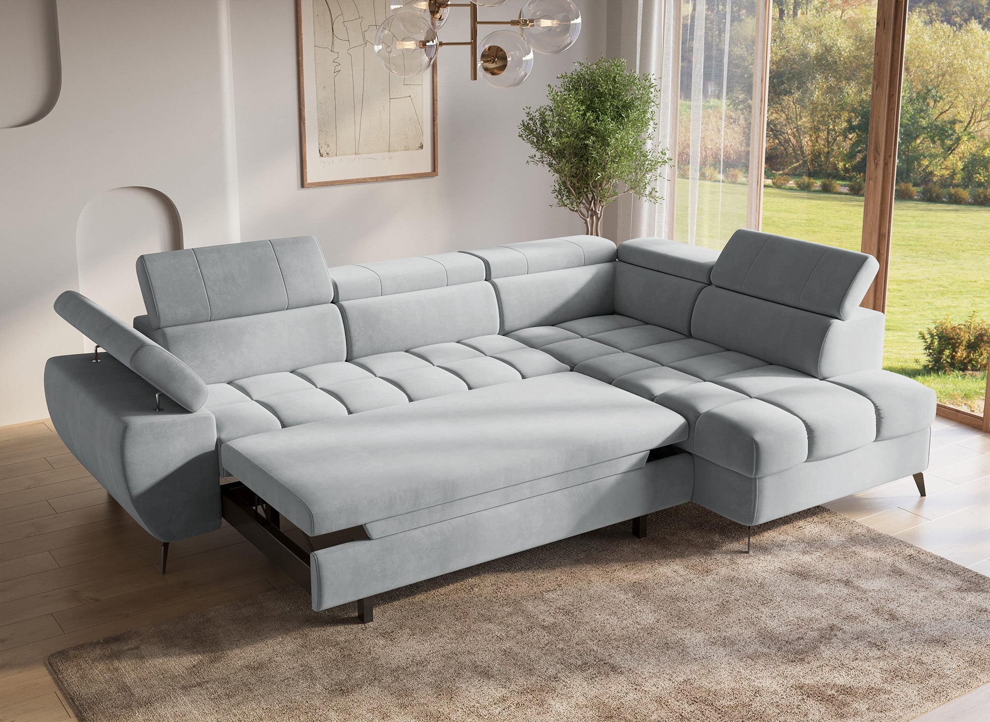 Canapé d'angle convertible matelassé avec coffre en velours gris LUCIANO - Angle droit
