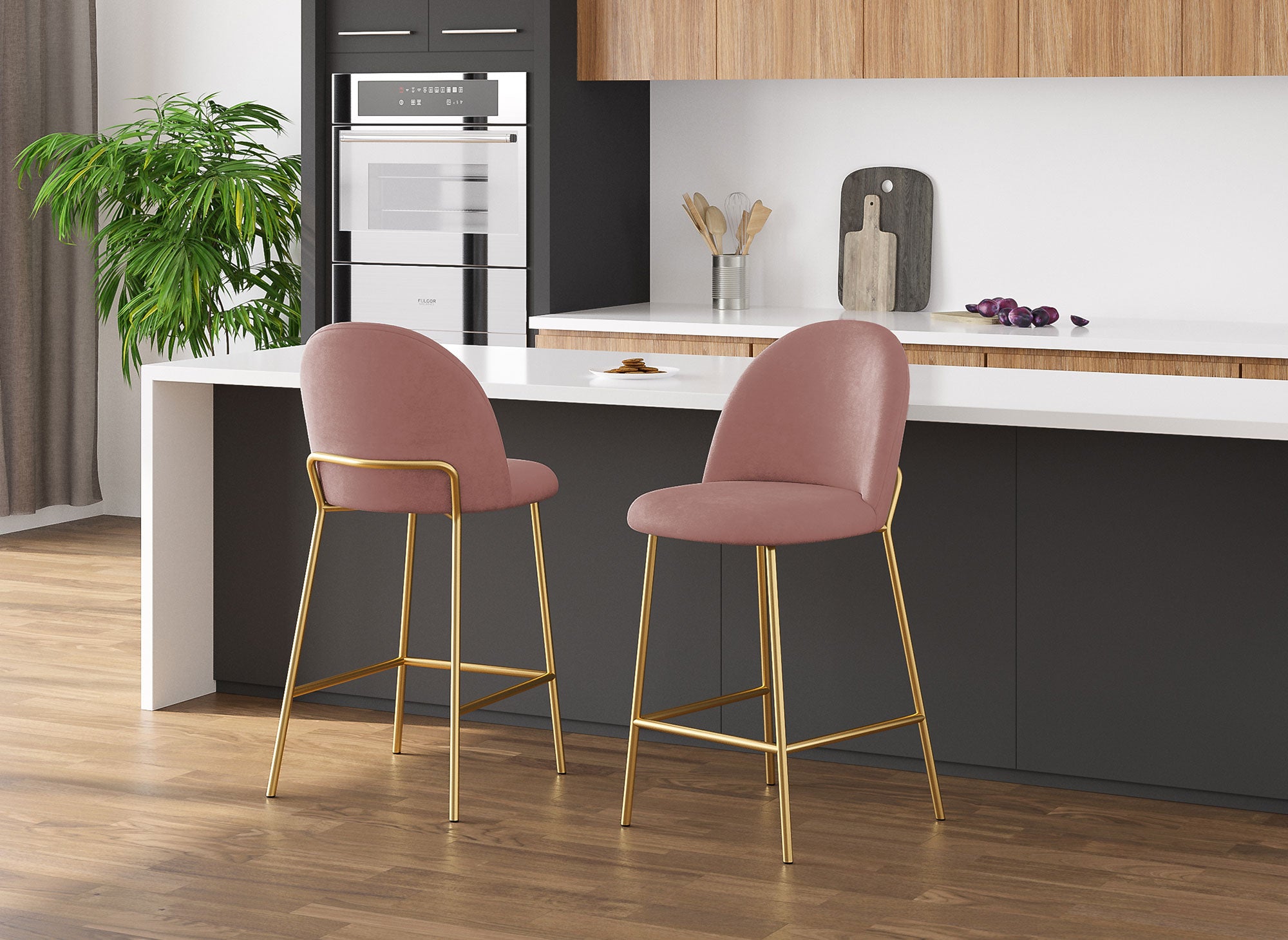 Lot de 2 tabourets de bar design en velours rose ARABEL