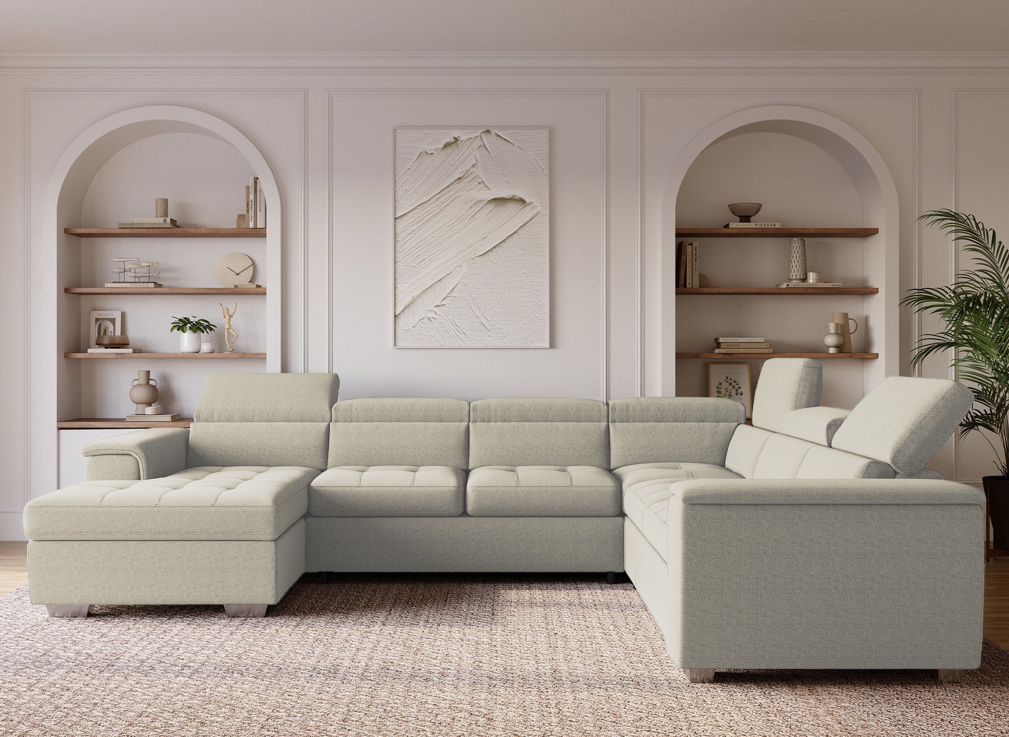 Canapé panoramique convertible coffre de rangement en tissu beige GAELLE - Angle Gauche