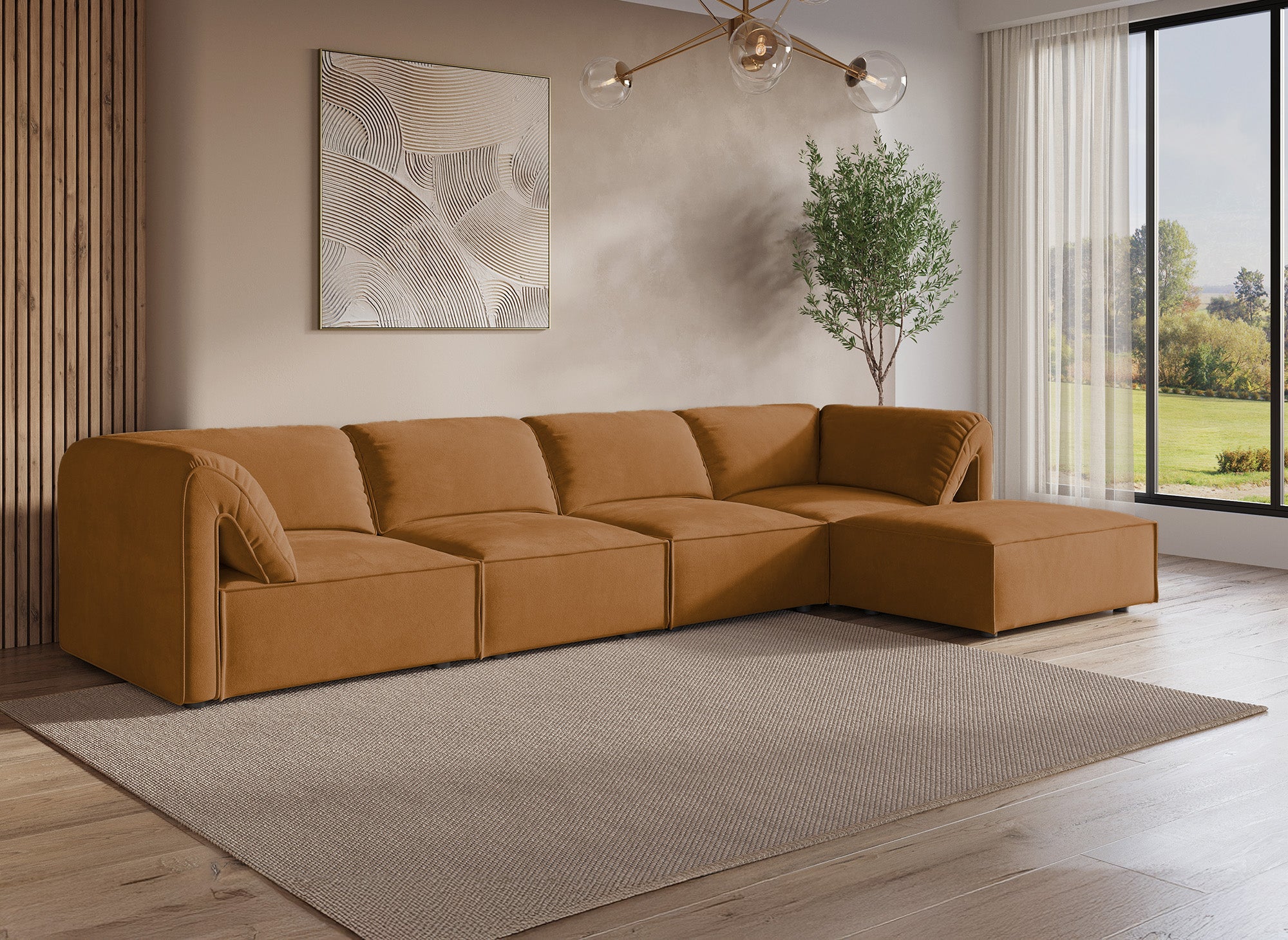 Canapé d'angle modulable en velours moutarde HARINA