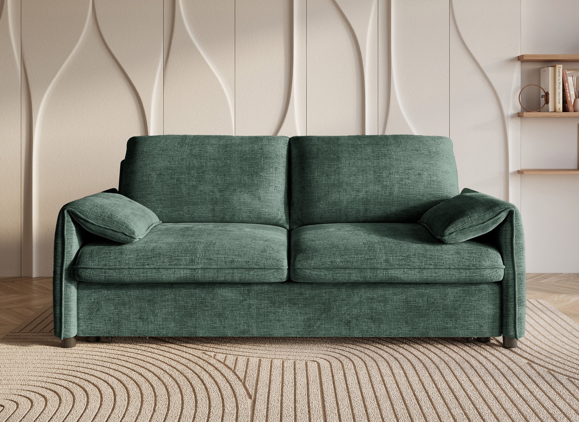 Divano trasformabile dritto a 3 posti in velluto screziato verde LAMAR