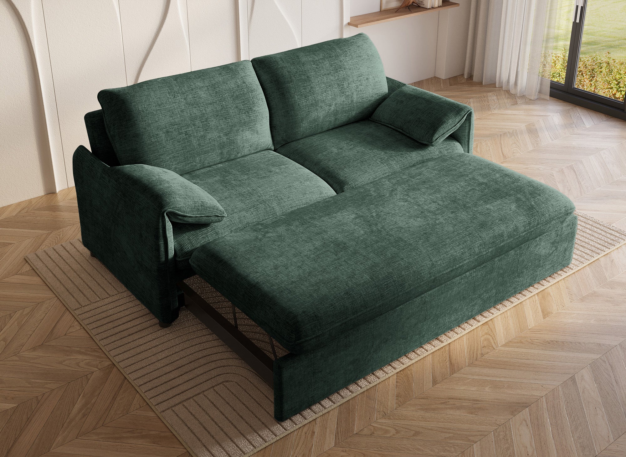 Divano trasformabile dritto a 3 posti in velluto screziato verde LAMAR