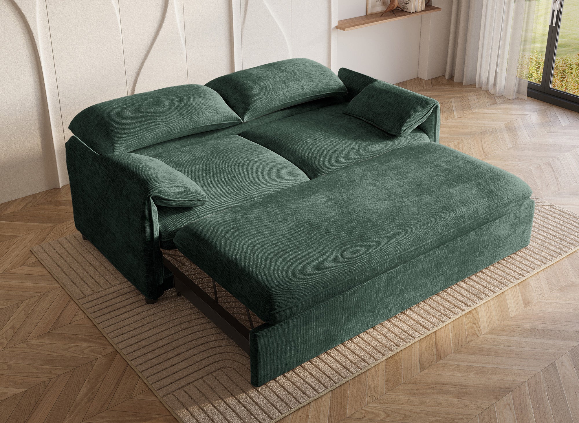 Divano trasformabile dritto a 3 posti in velluto screziato verde LAMAR