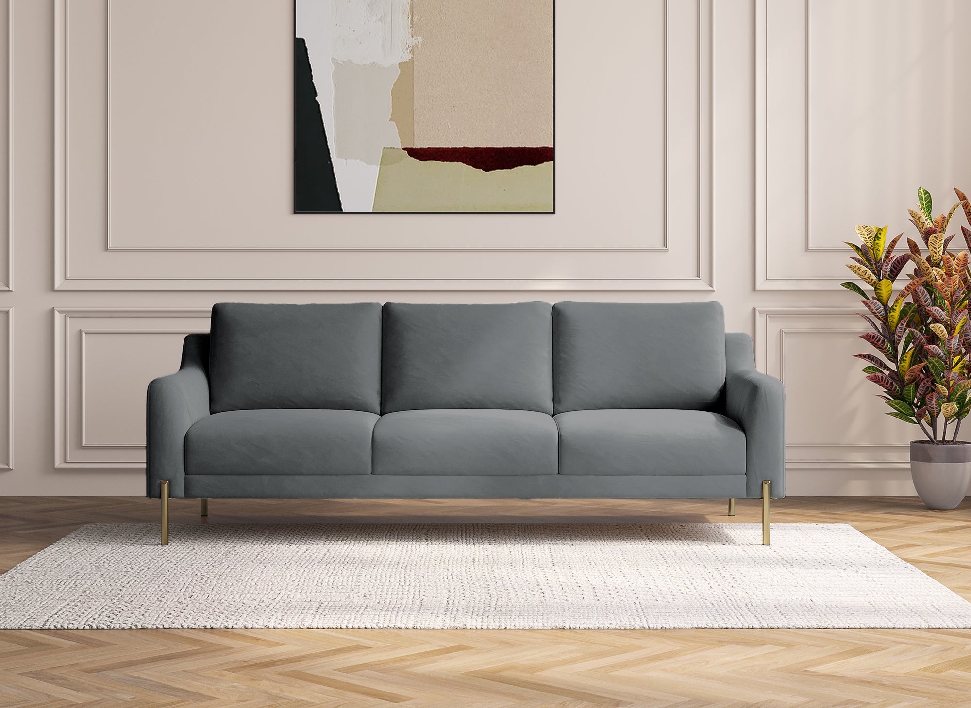 Canapé droit 3 places en velours gris CELINE