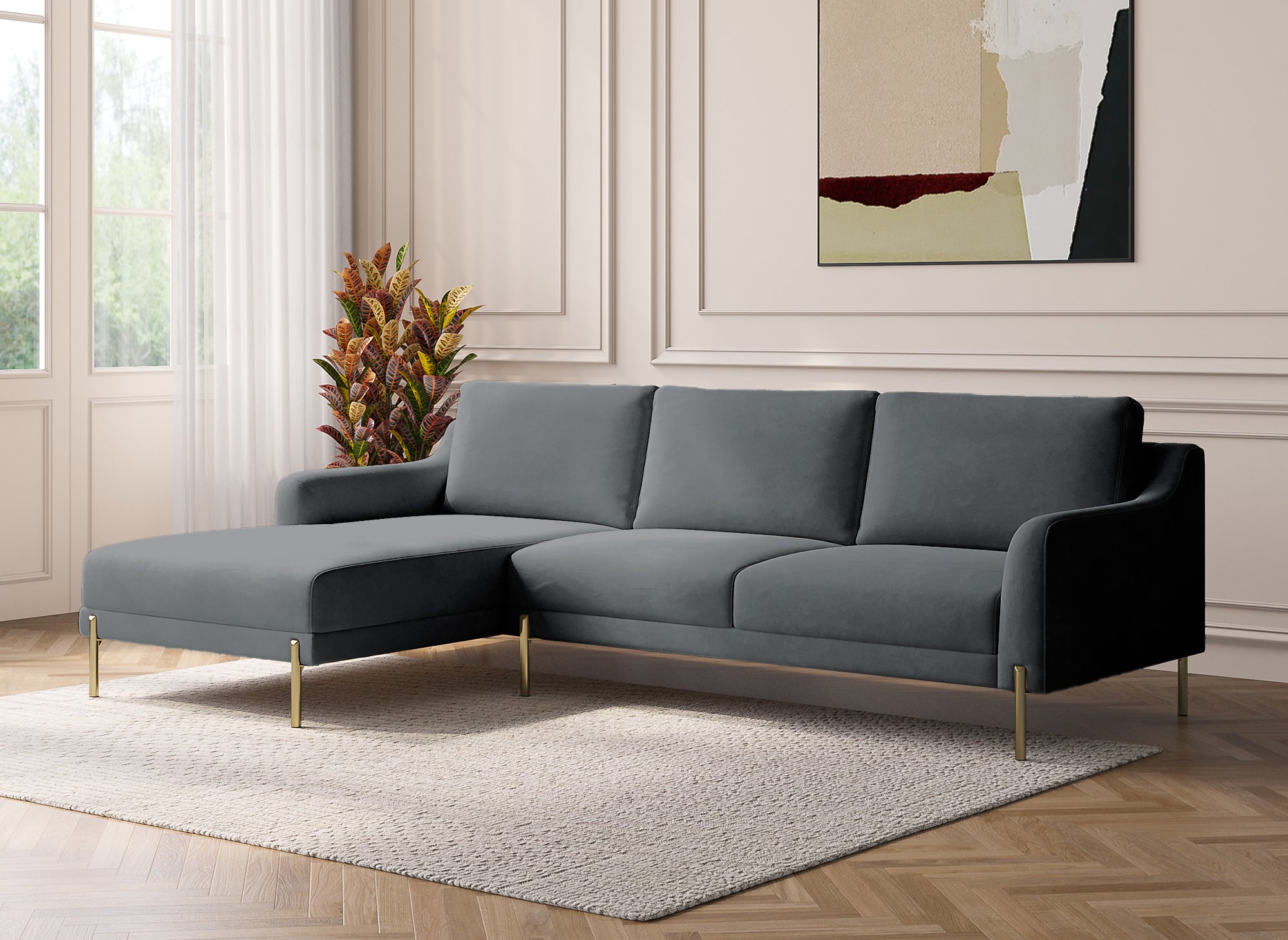 Canapé d'angle avec méridienne en velours gris CELINE - Angle Gauche