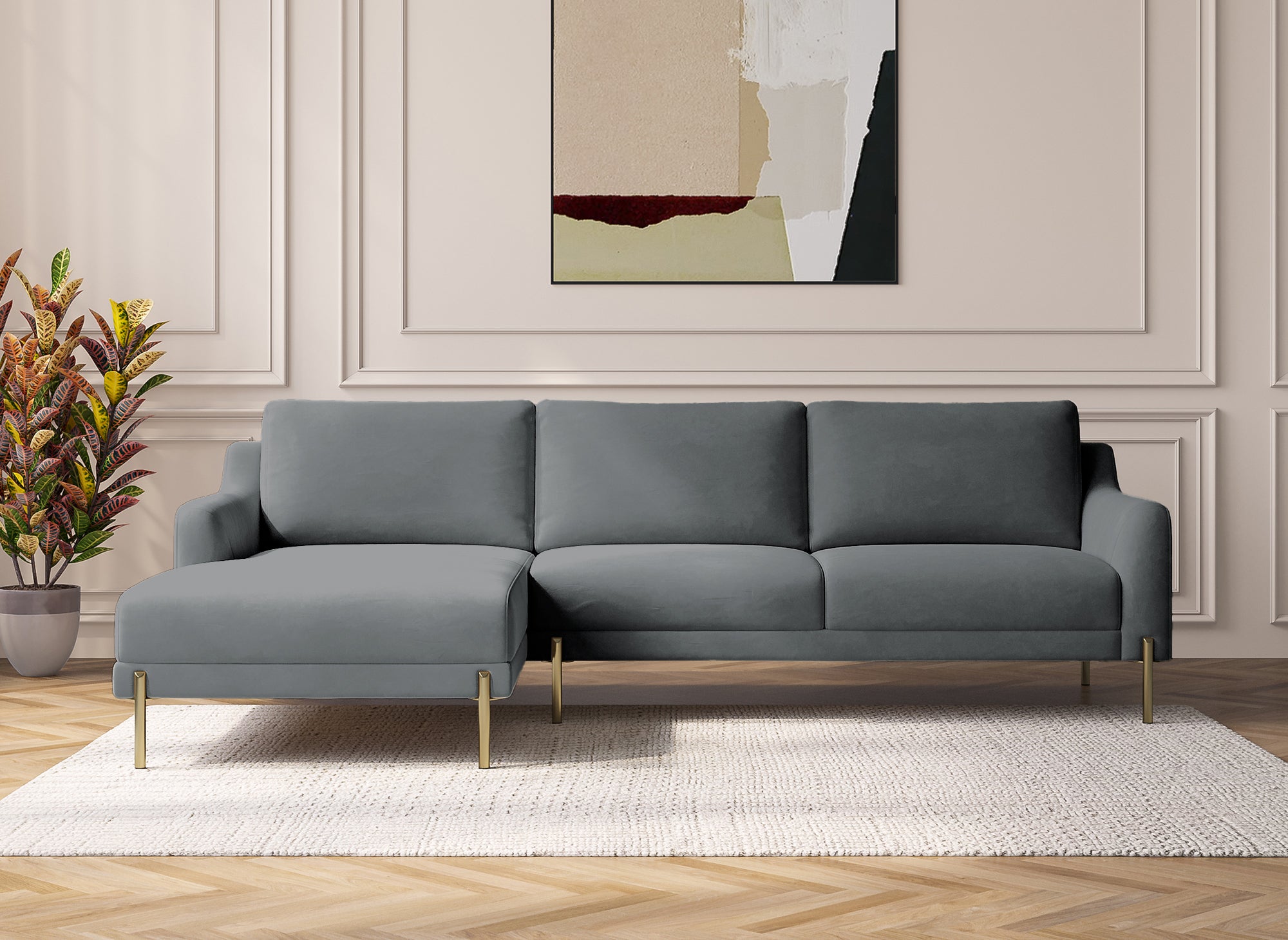 Canapé d'angle avec méridienne en velours gris CELINE - Angle Gauche