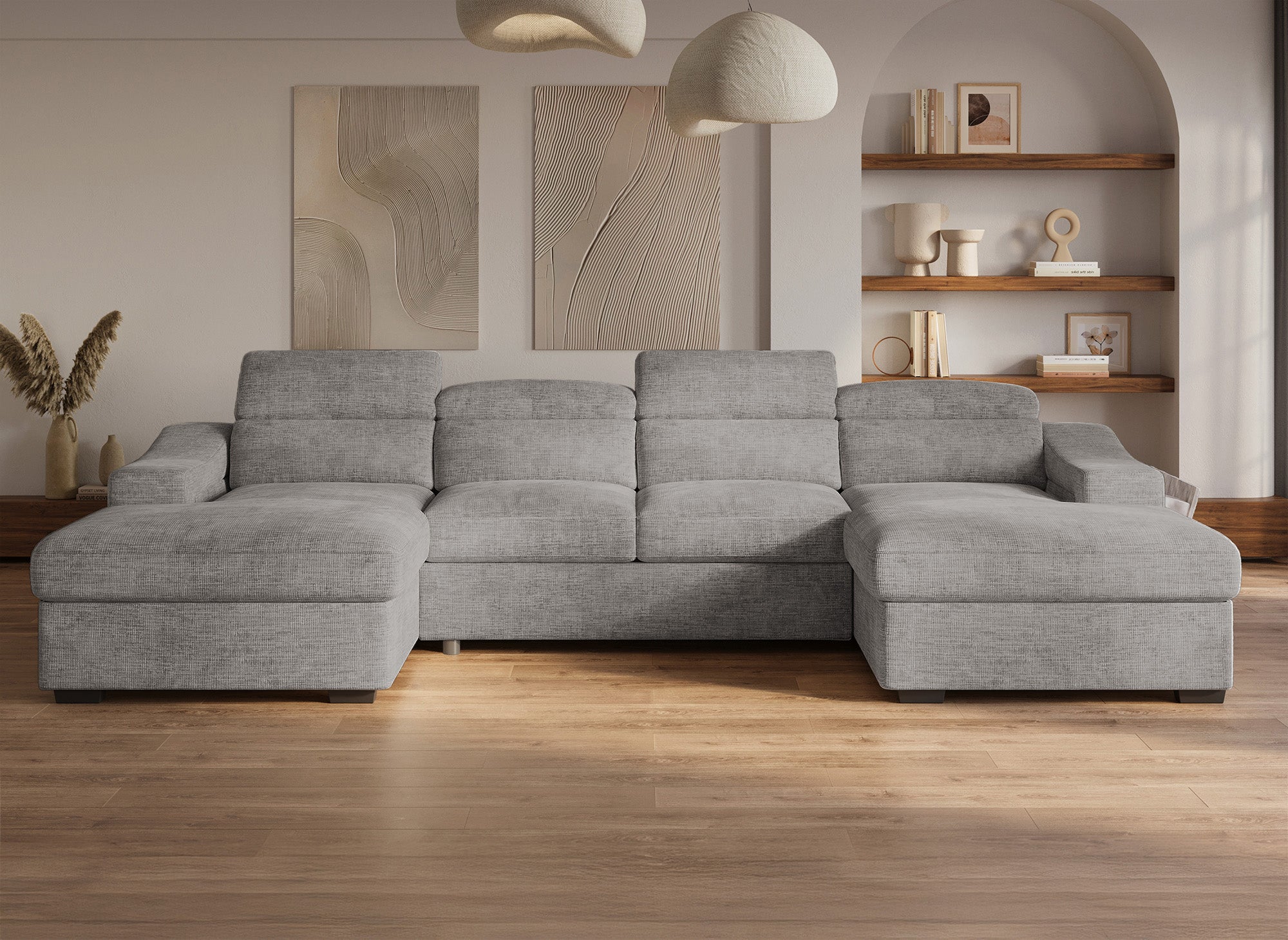 Canapé panoramique convertible avec 2 coffres en velours chiné gris VELORA
