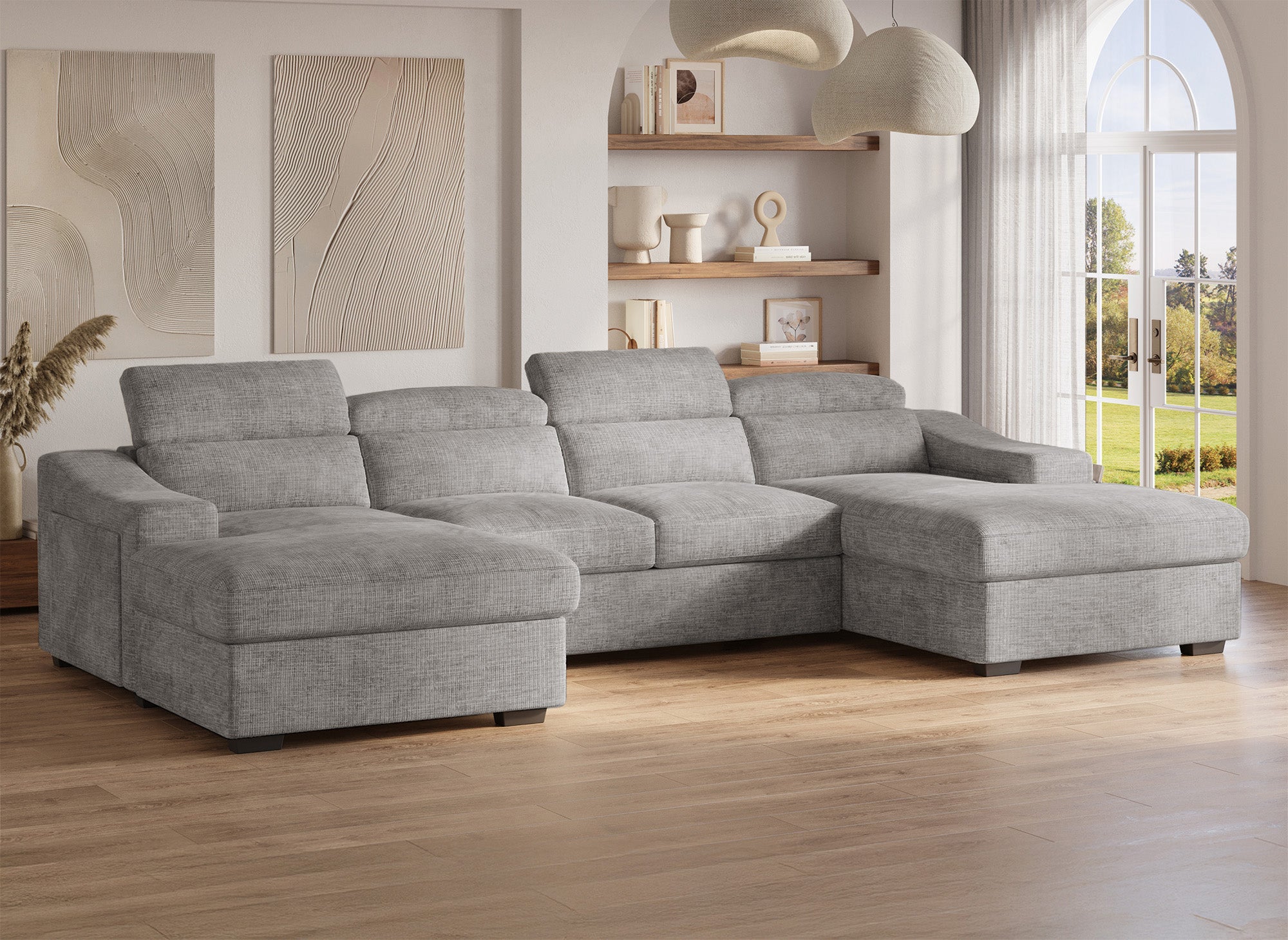 Canapé panoramique convertible avec 2 coffres en velours chiné gris VELORA