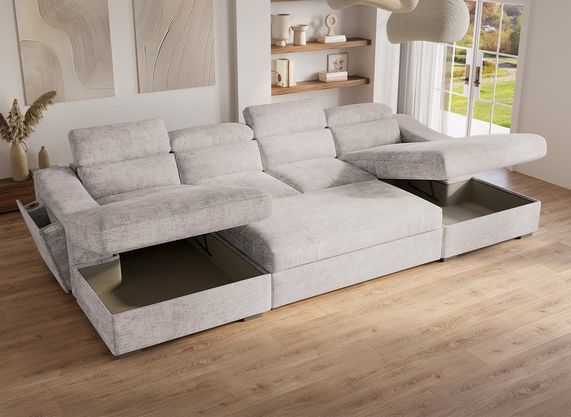 Canapé panoramique convertible avec 2 coffres en velours chiné beige VELORA