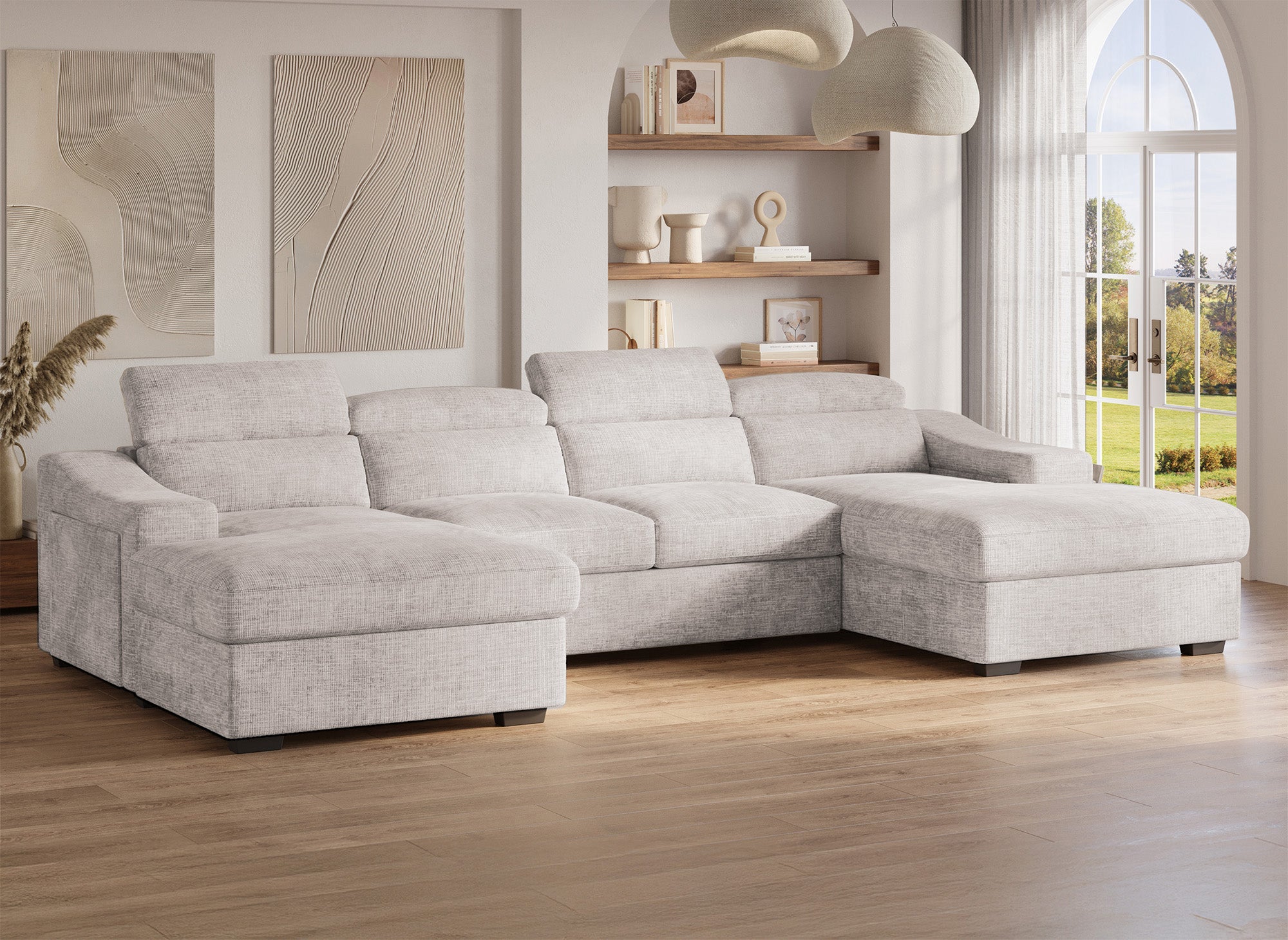 Canapé panoramique convertible avec 2 coffres en velours chiné beige VELORA