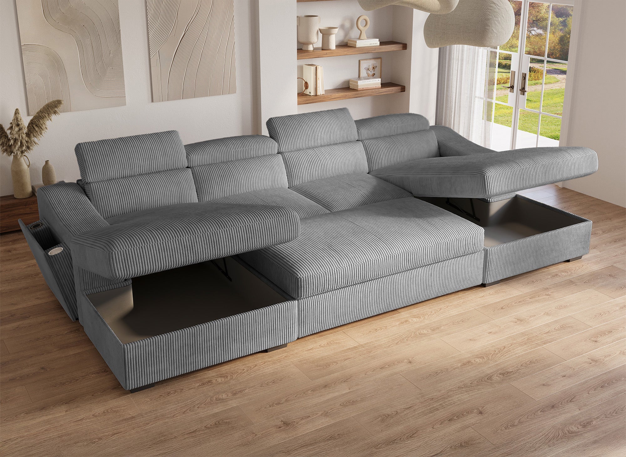Canapé panoramique convertible avec 2 coffres en velours côtelé épais gris VELORA