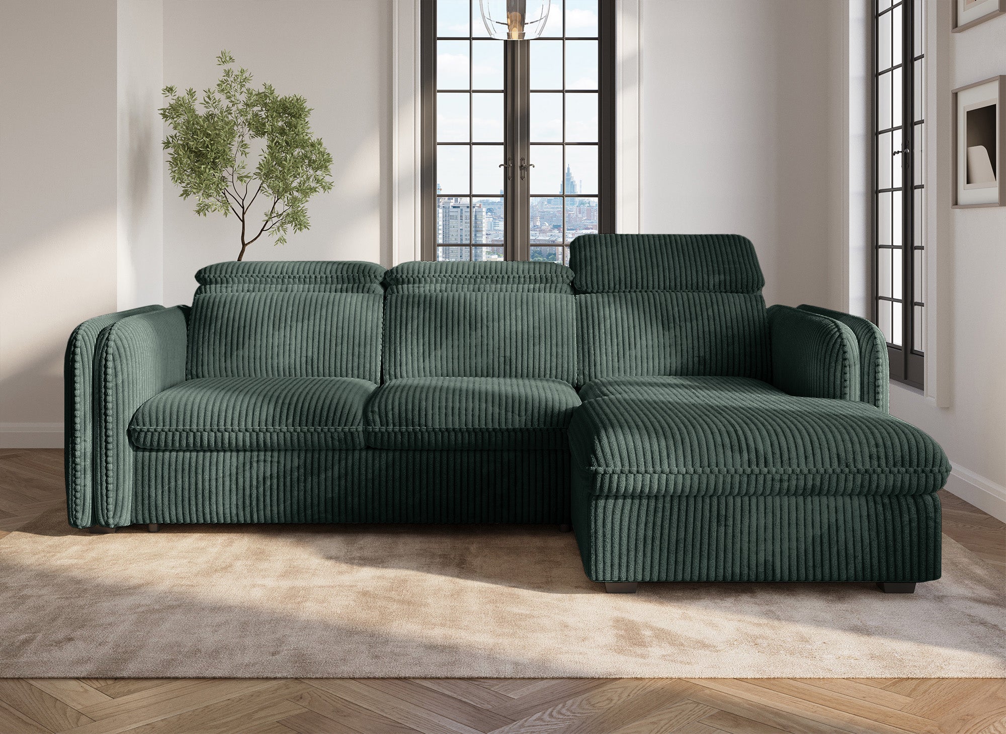 Canapé d'angle convertible en velours côtelé épais vert ISABELLA - Angle droit