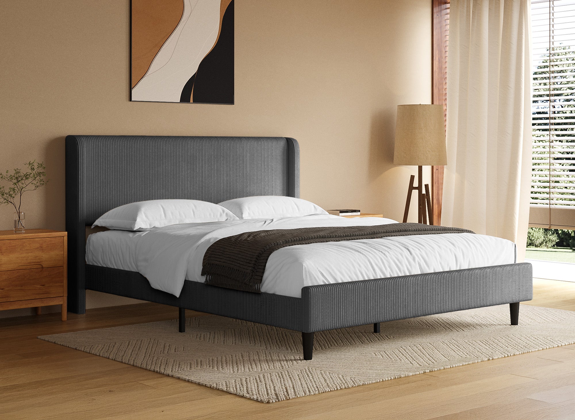 Lit double en velours côtelé épais gris foncé 160x200cm LEVY