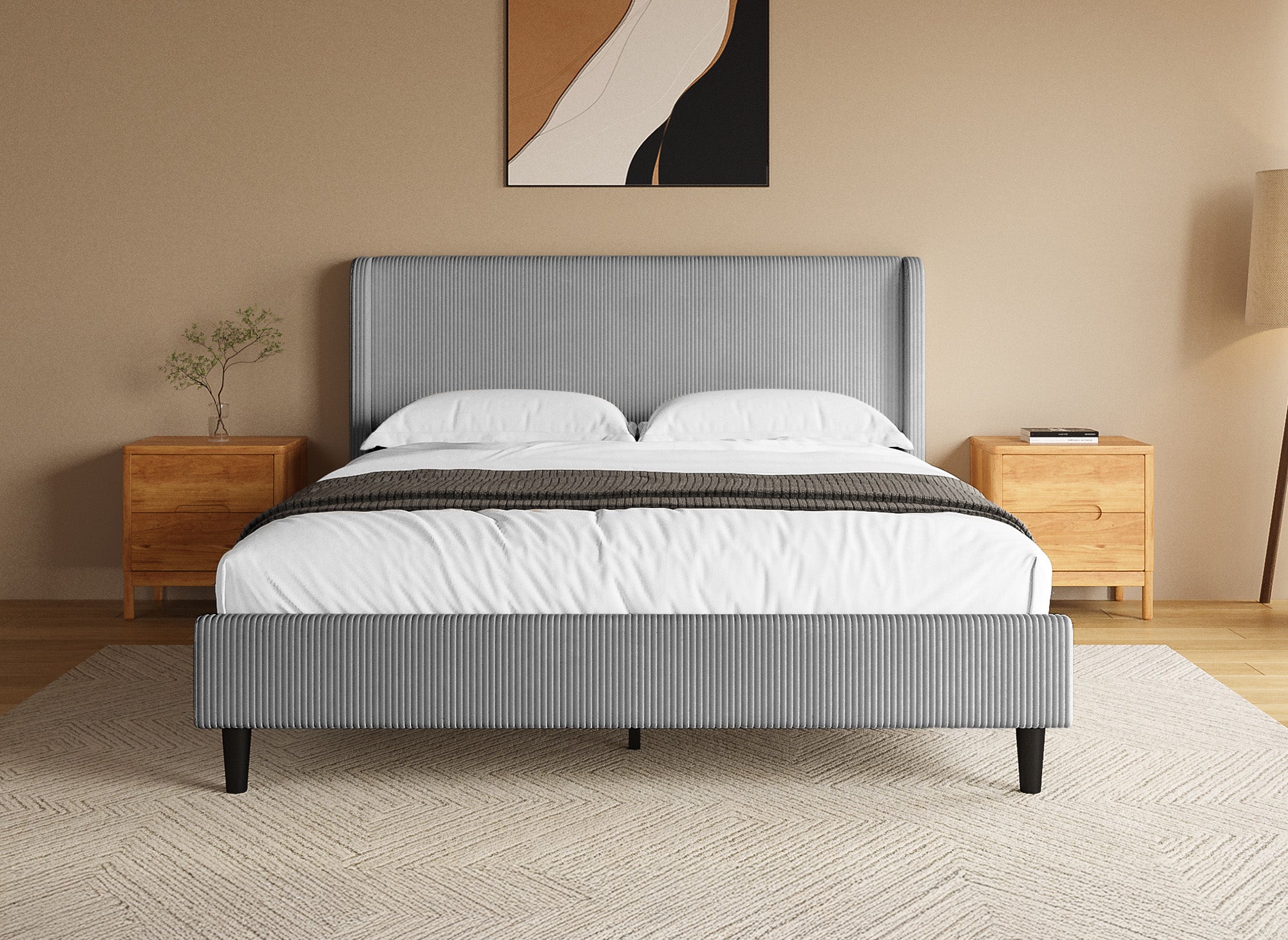 Lit double en velours côtelé épais gris clair 160x200cm LEVY