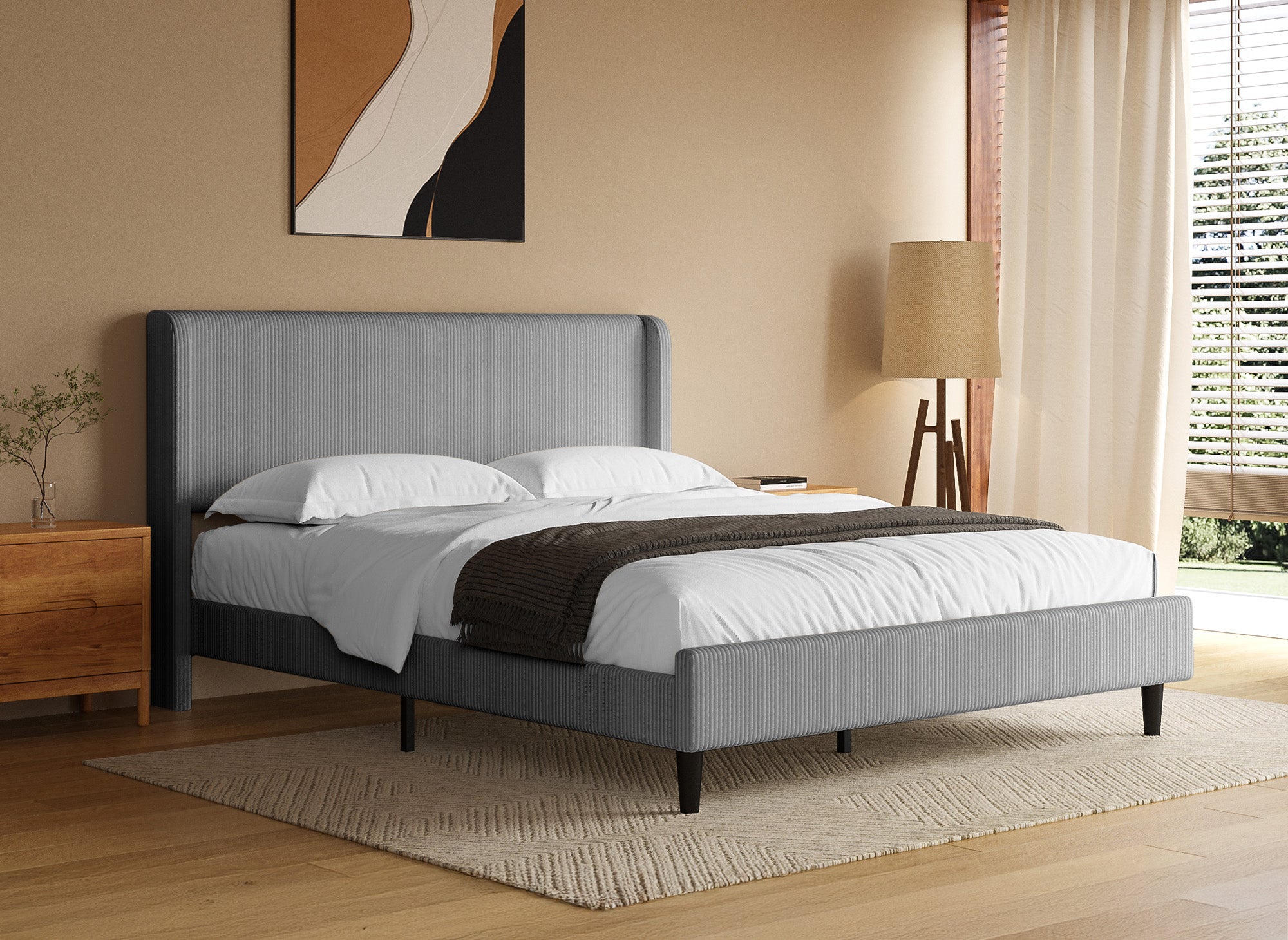 Lit double en velours côtelé épais gris clair 160x200cm LEVY