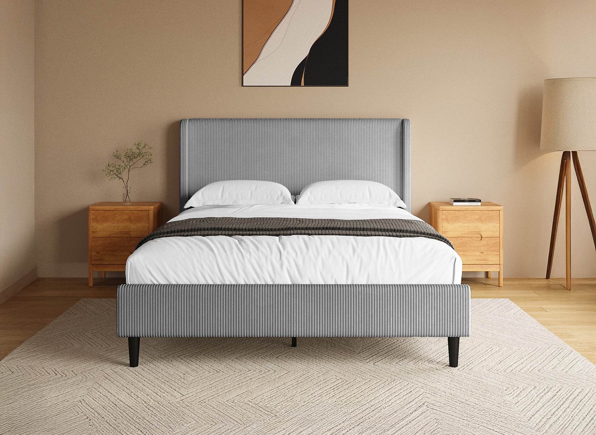 Lit double en velours côtelé épais gris clair 140x190cm LEVY